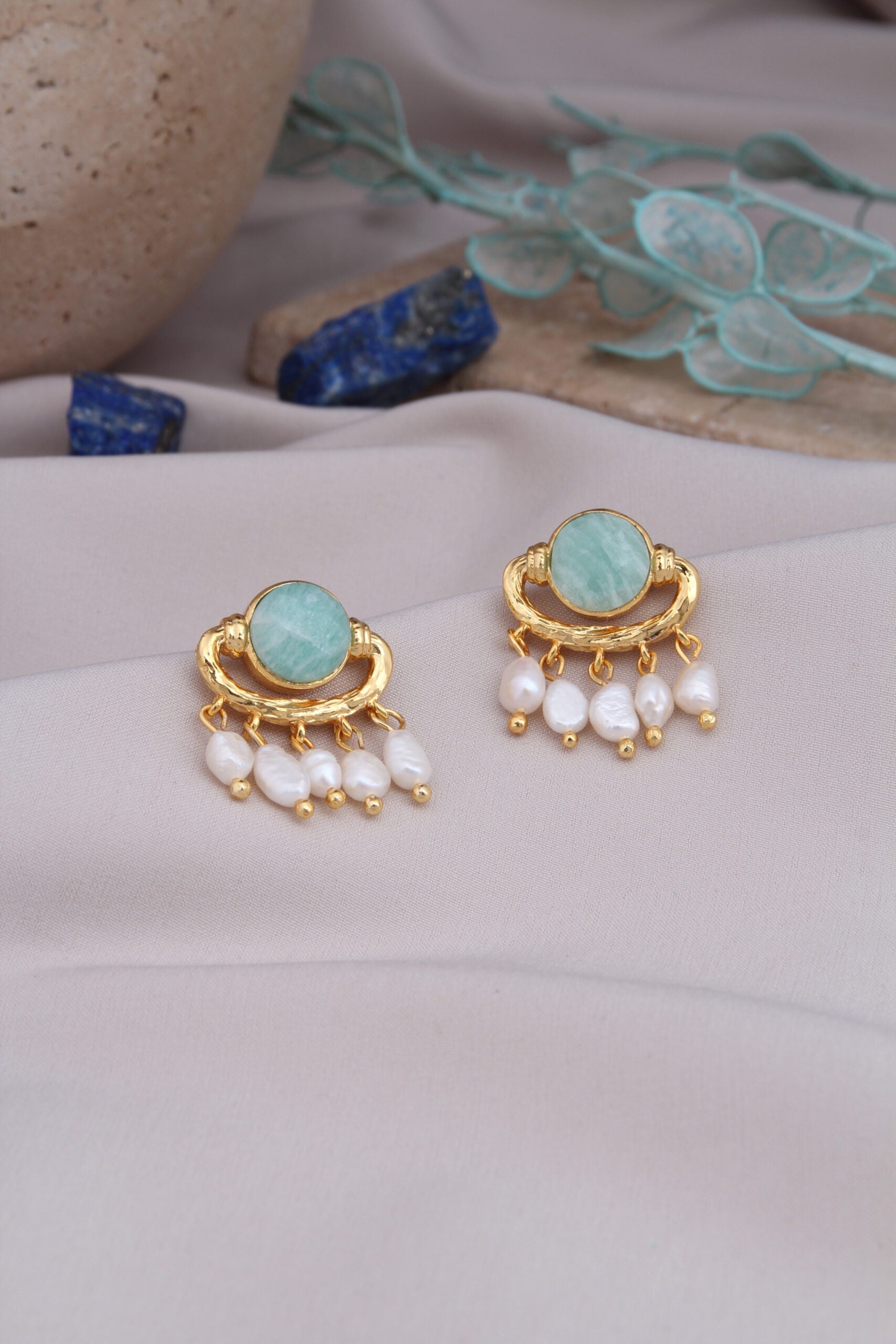 Amazonite & Pearl Boucles d'oreilles