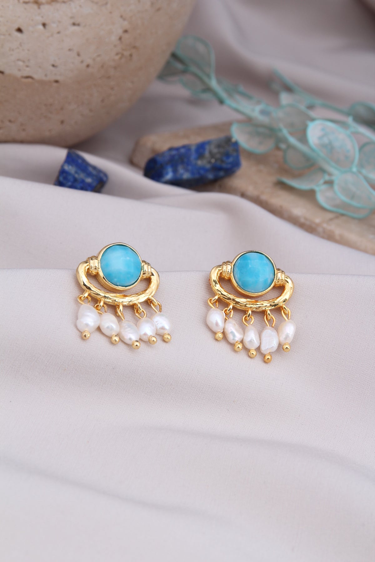 Blue Opal & Pearl  Boucles d'oreilles