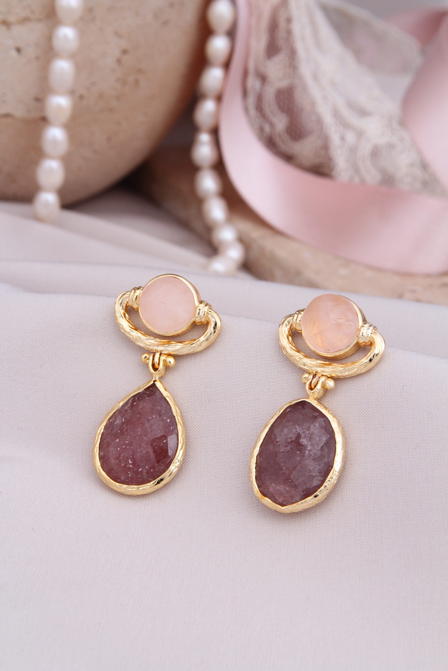 Pink Quartz & Strawberry Quarz Boucles d'oreilles