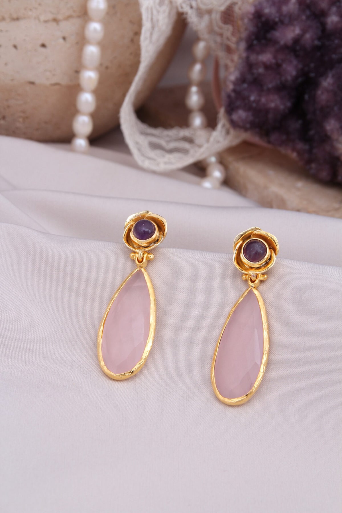 Pink Quartz & Ametiyhst Boucles d'oreilles