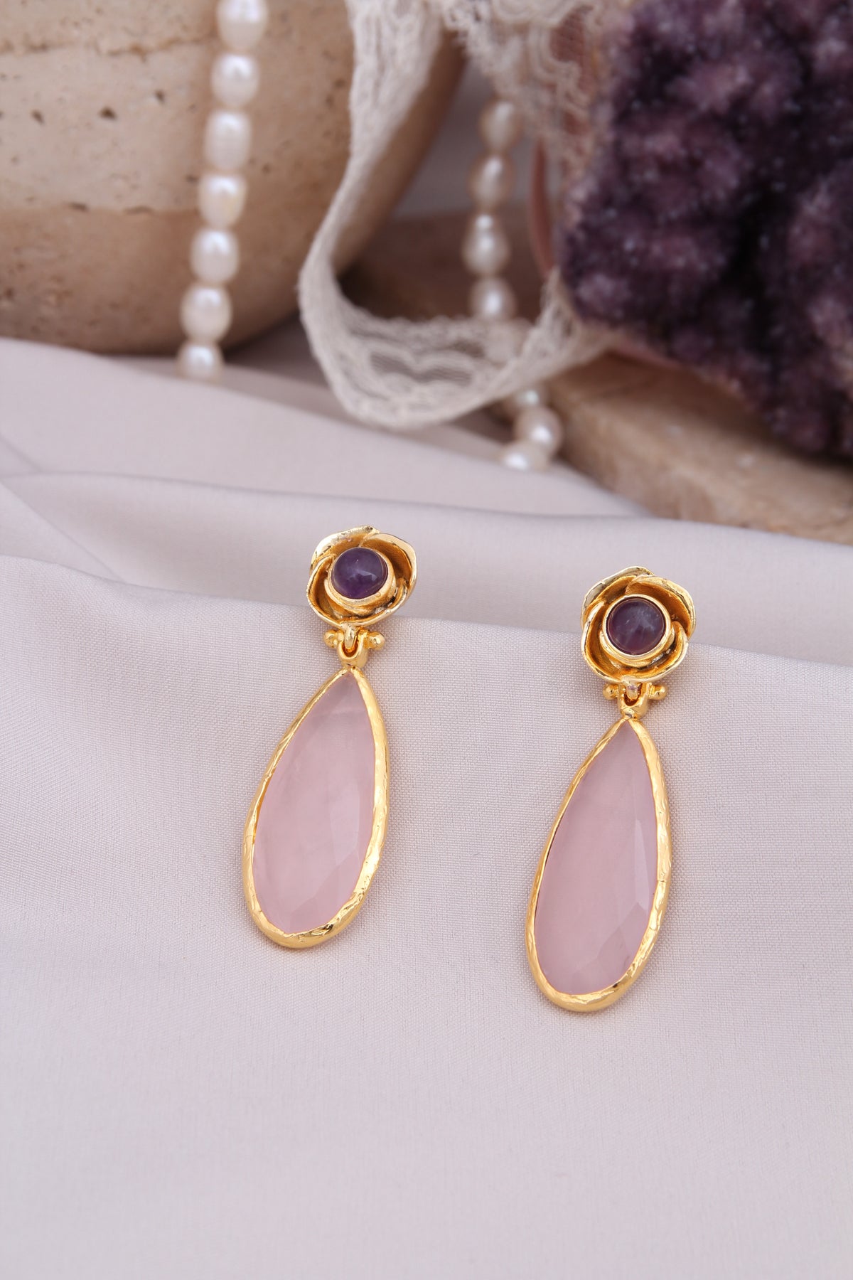 Pink Quartz &amp; Amethyst Earrings