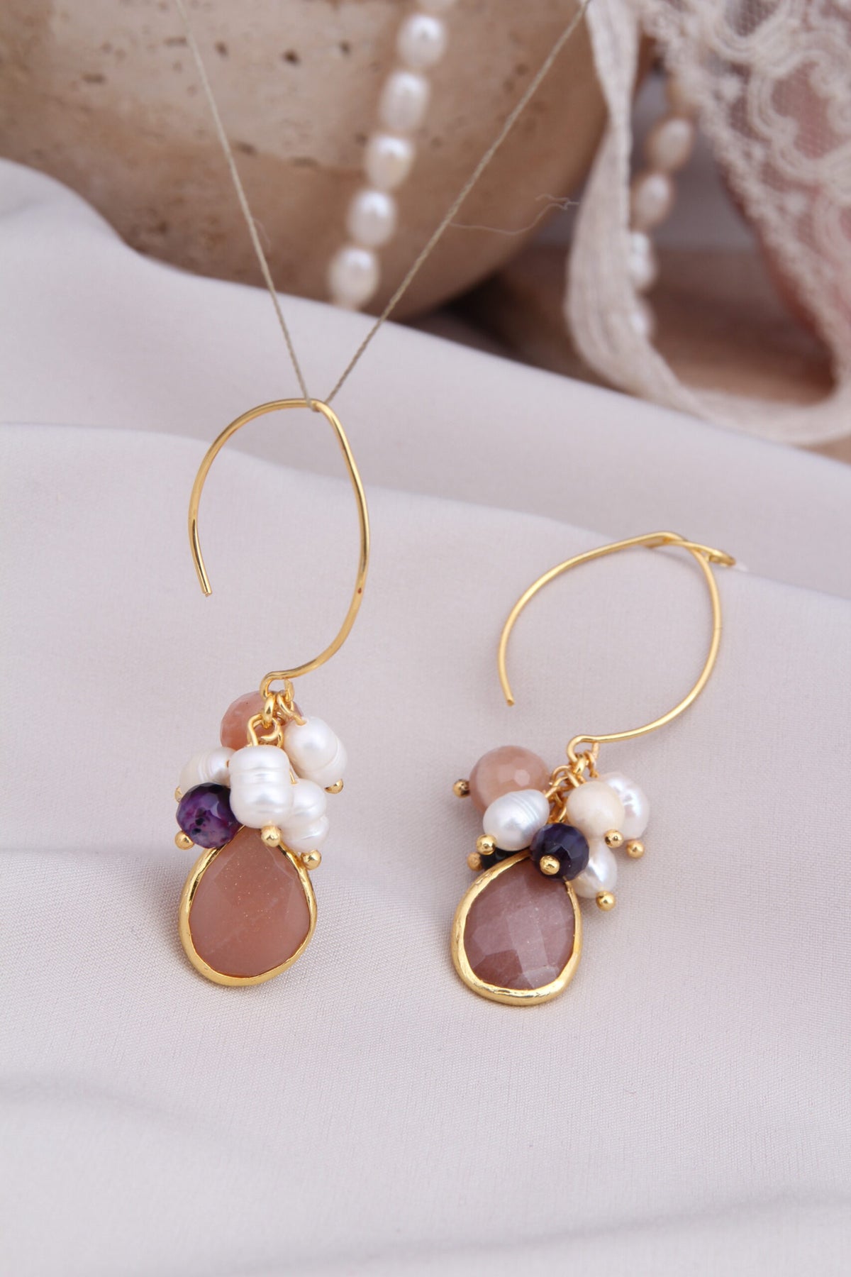 Sunstone & Pearl & Amethyst Boucles d'oreilles