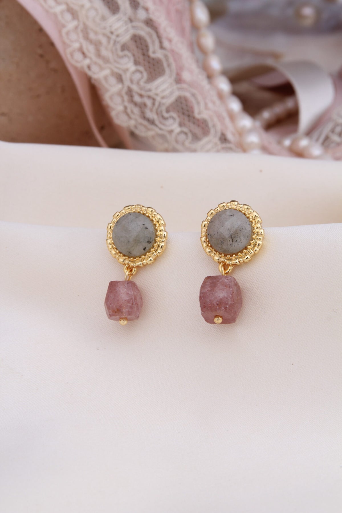 Black Routile & Strawberry Quarts Boucles d'oreilles