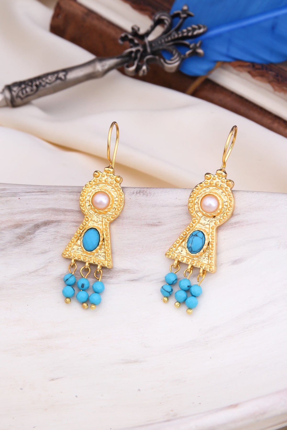 Turquoise & Synthetic Pearl Boucles D'oreilles