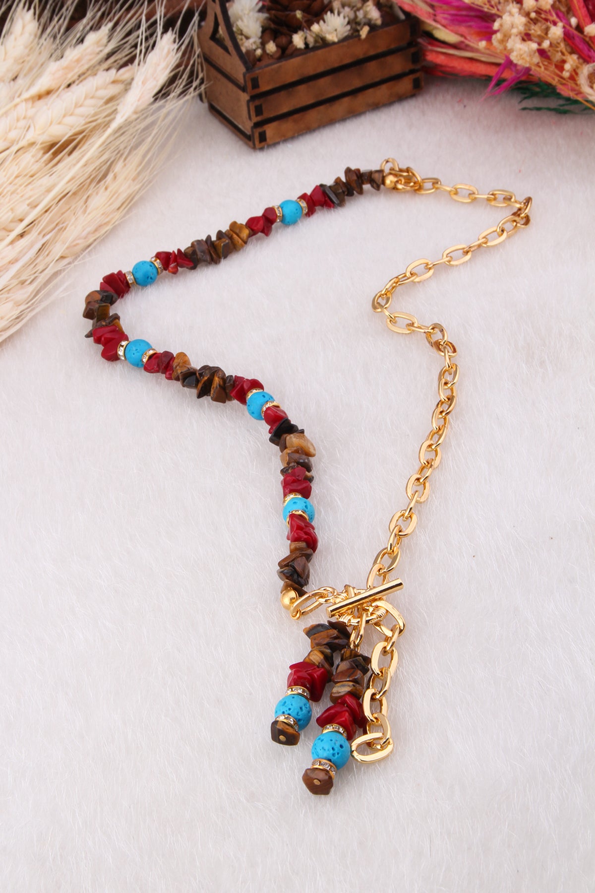 Tiger Eyes & Coral & Turquoise Necklace