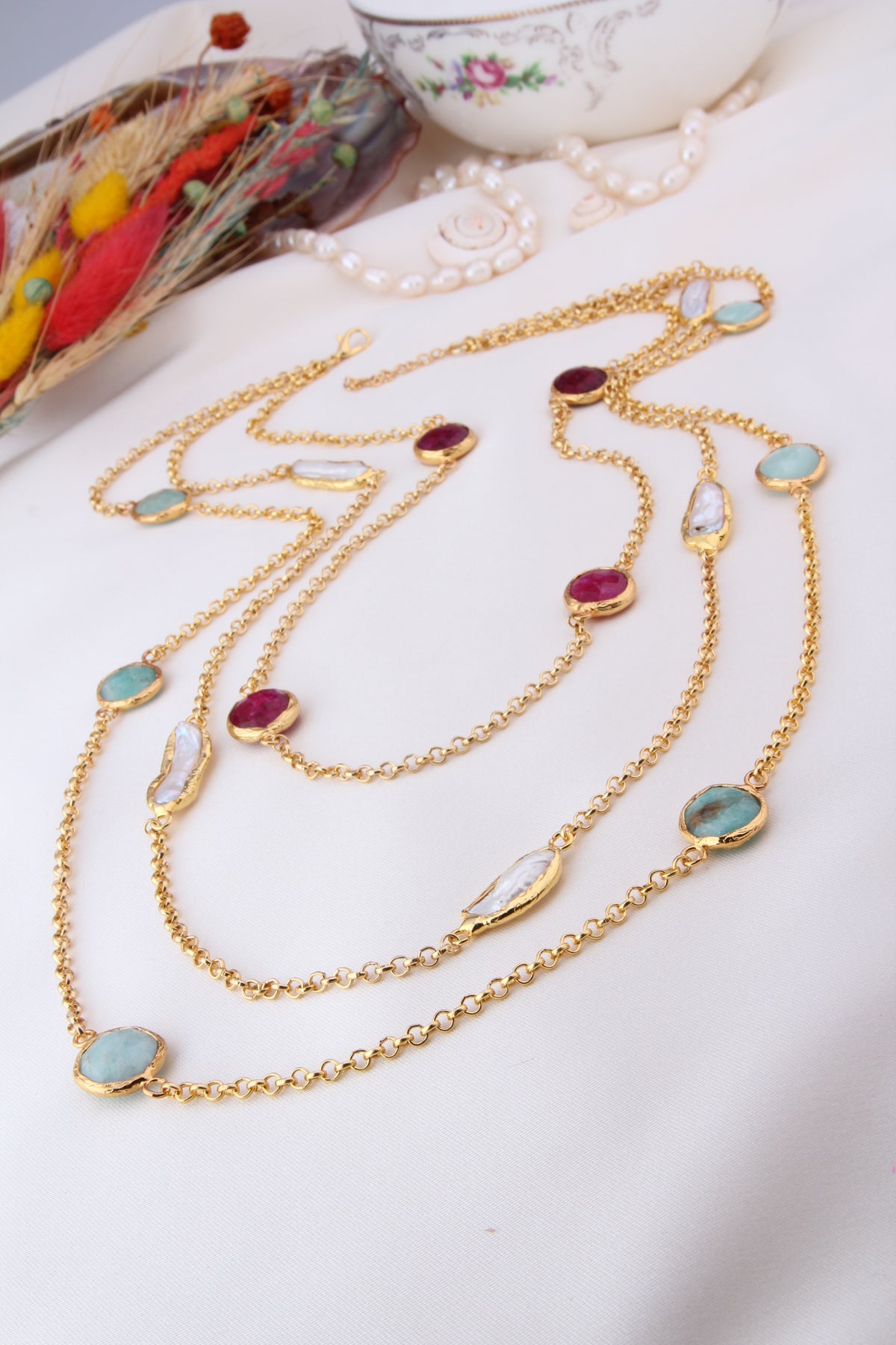 Pearl & Agate & Amazonite Necklace