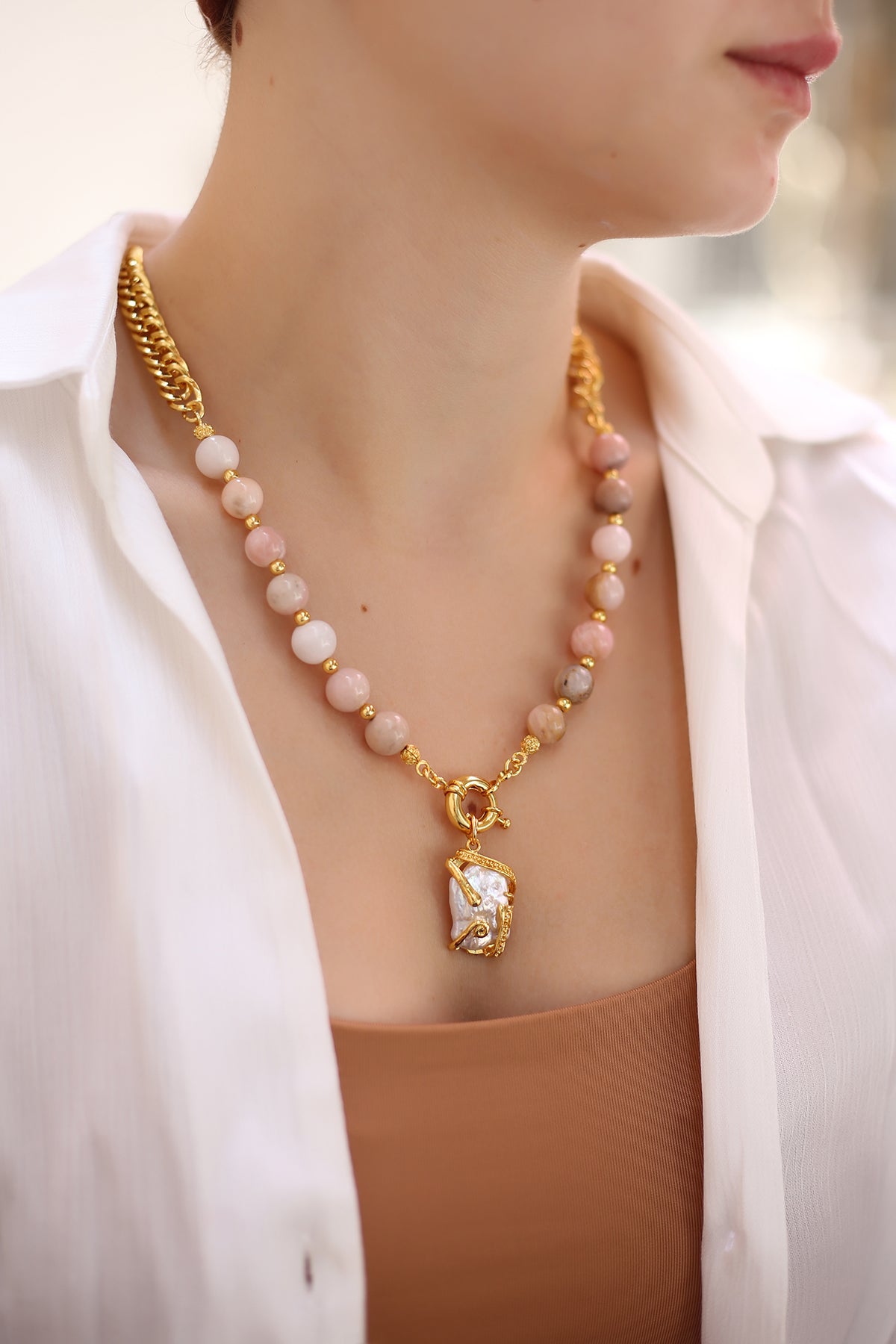 SunStone &amp; Pearl Necklace