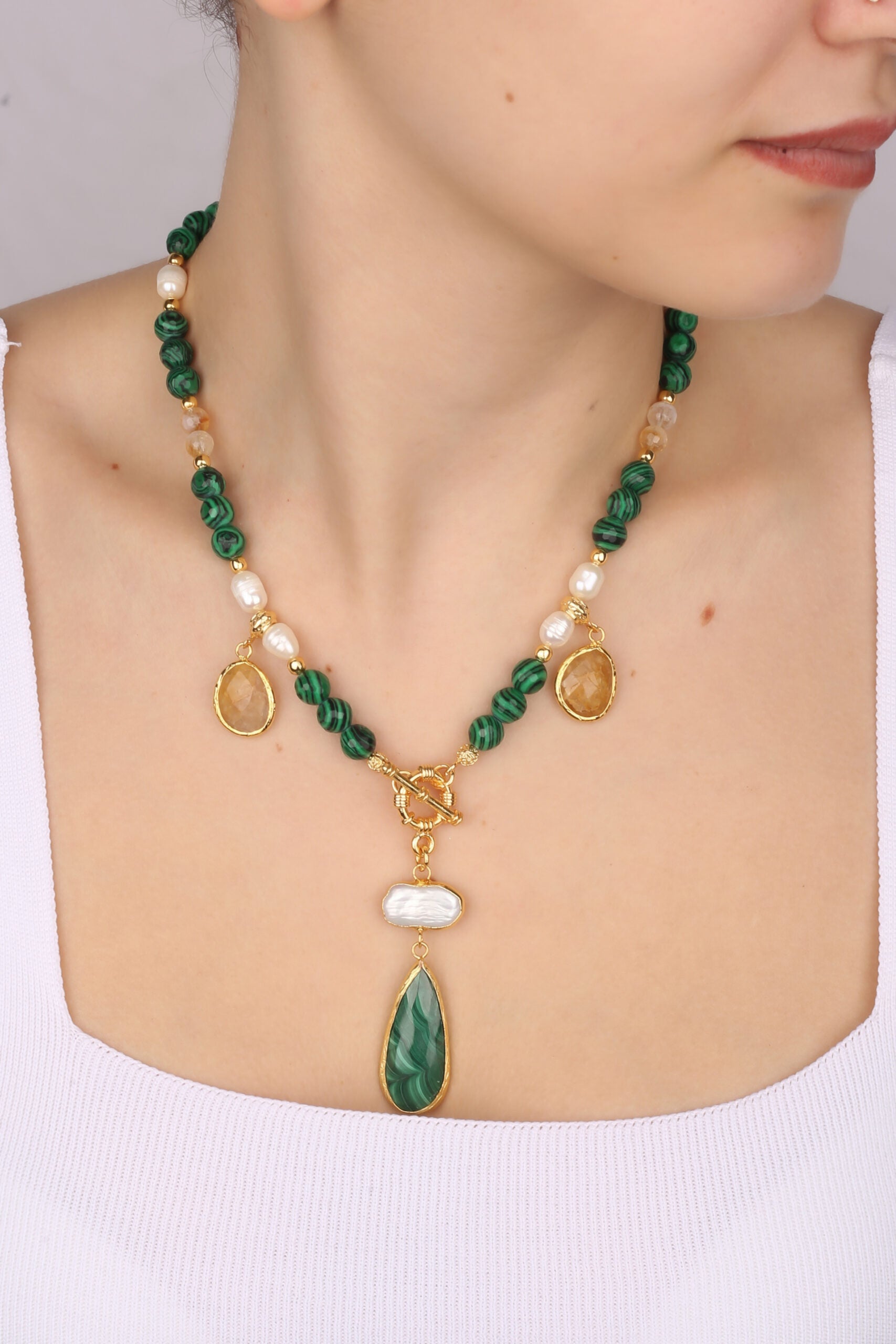 Malahite & Pearl & Citrine Collier