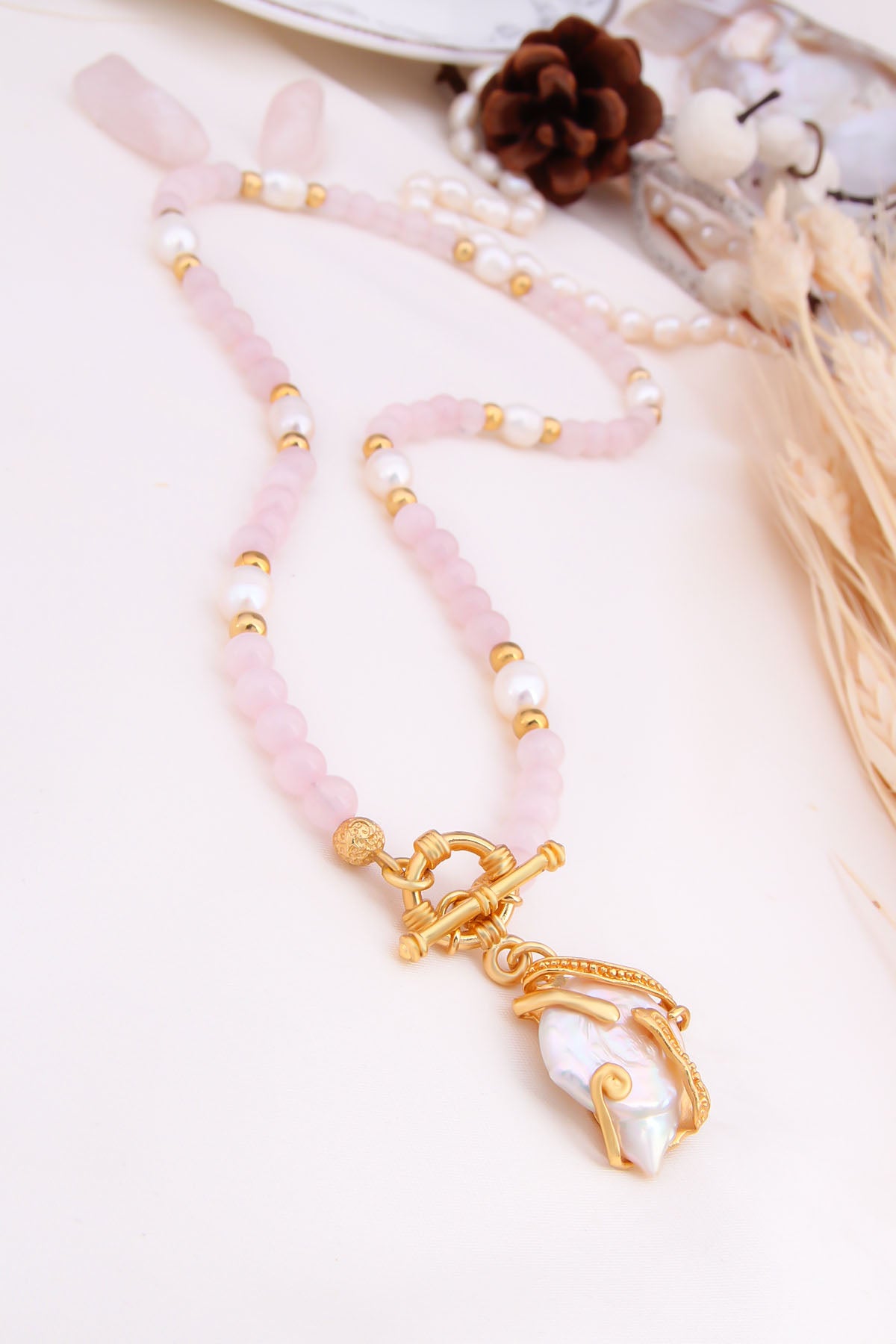 Pink Quartz & Pearl Necklace