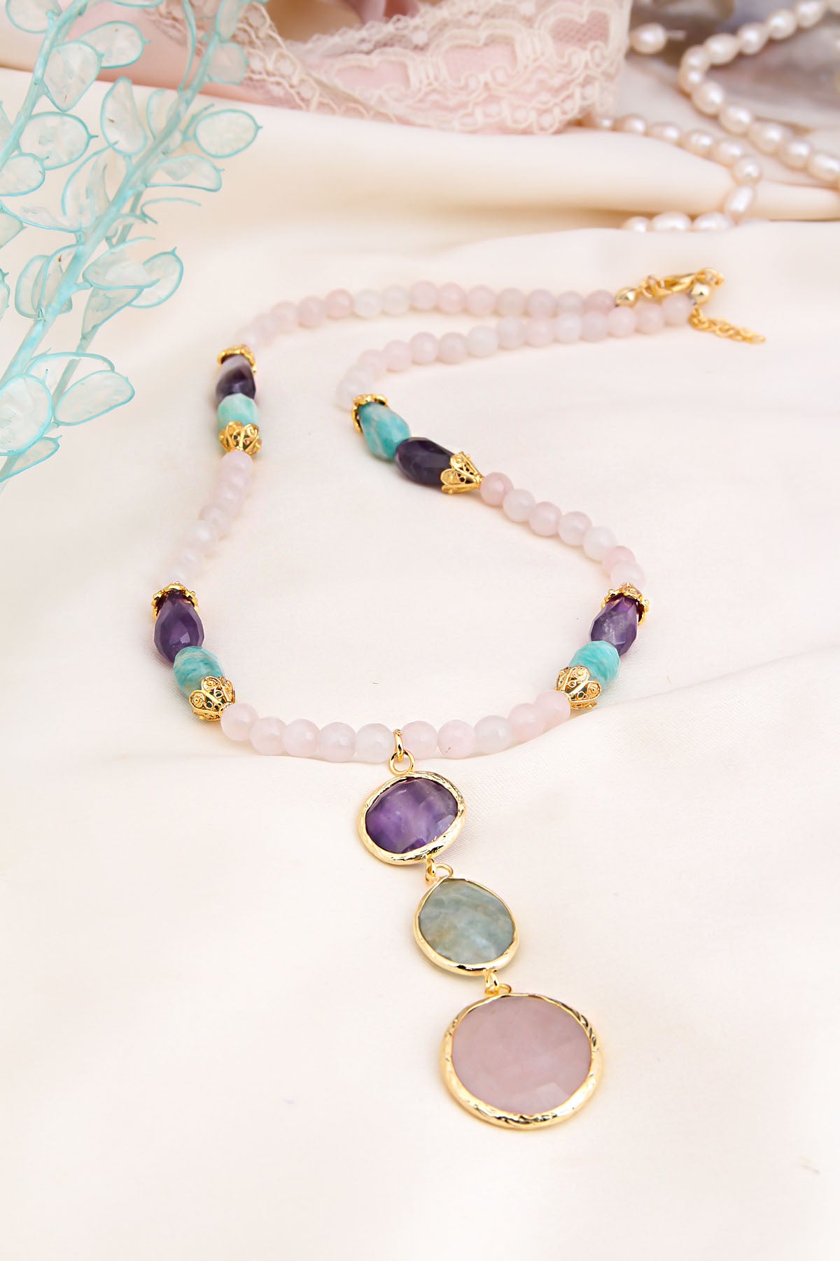 Amethyst & Pink Quartz & Amazonite Necklace