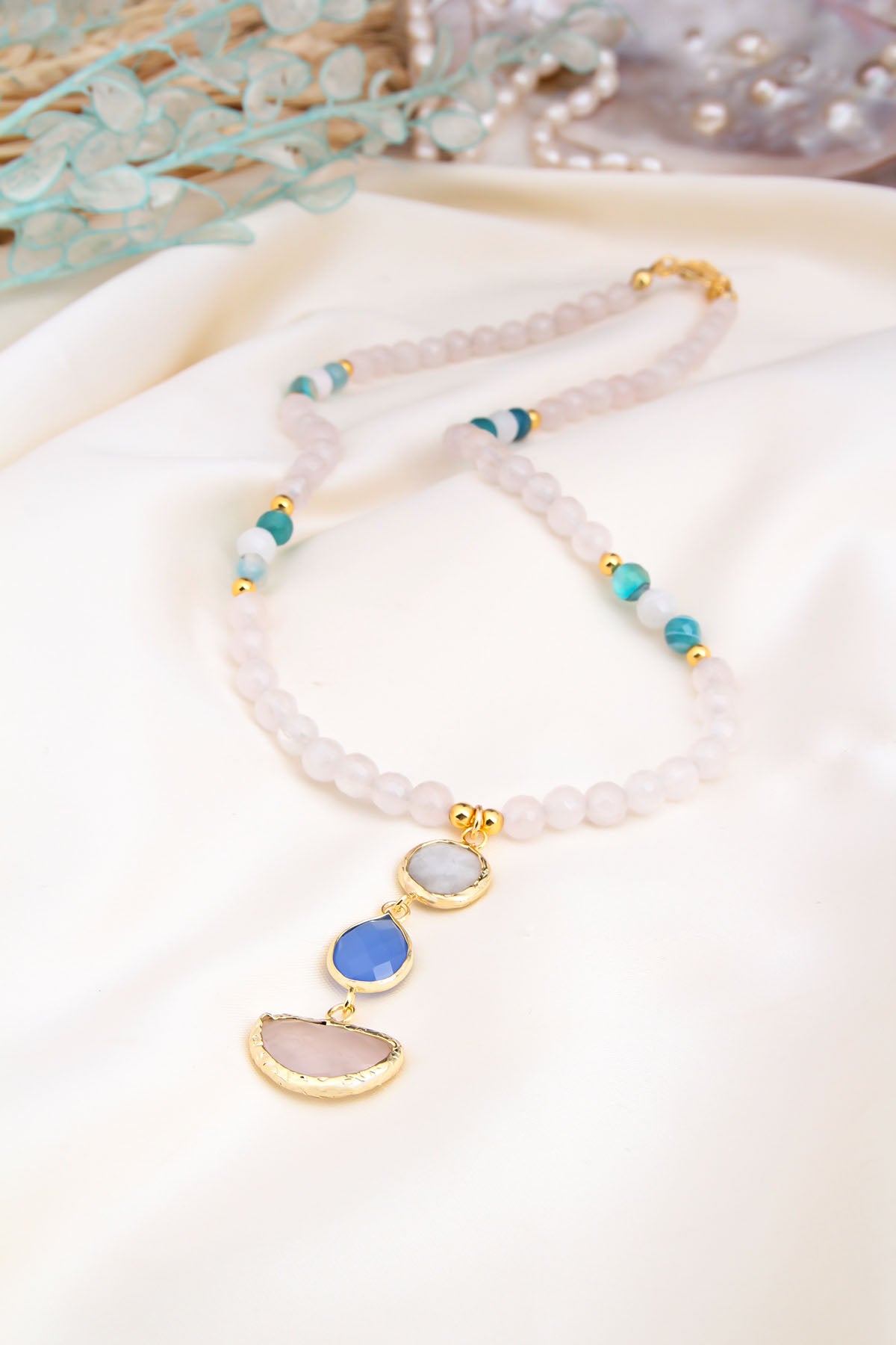 Pink Quartz & Moon Stone & Blue Opal Necklace