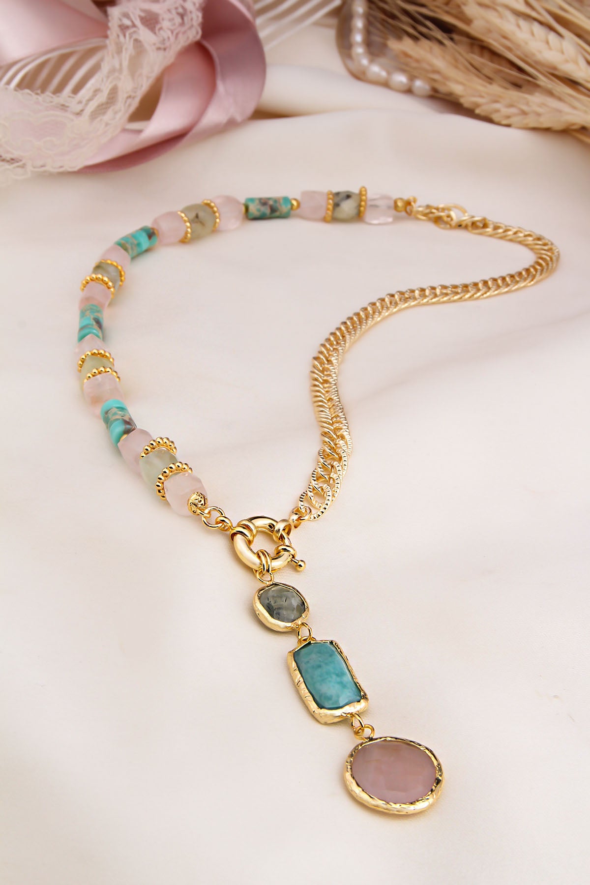 Turquoise & Pink Quartz & Prihnite Necklace