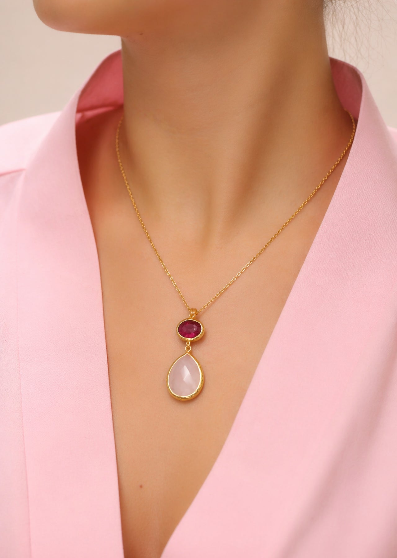 Pink Quartz & Root Ruby Necklace