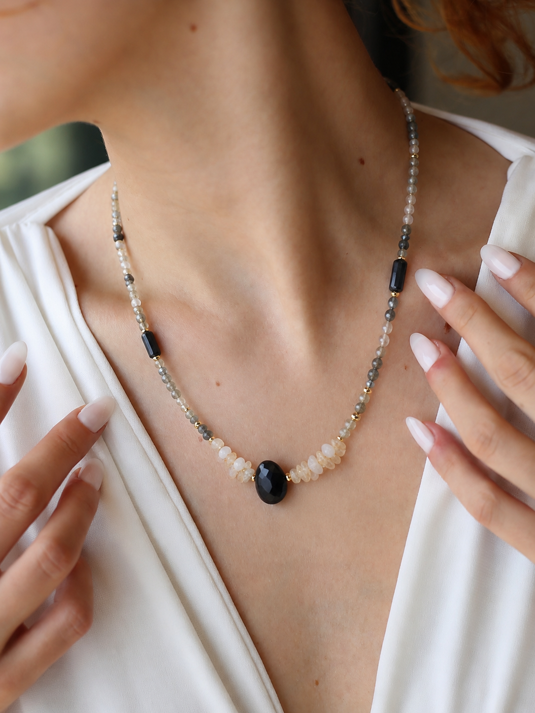 Onix & Black Ruthile & MoonStone Necklace