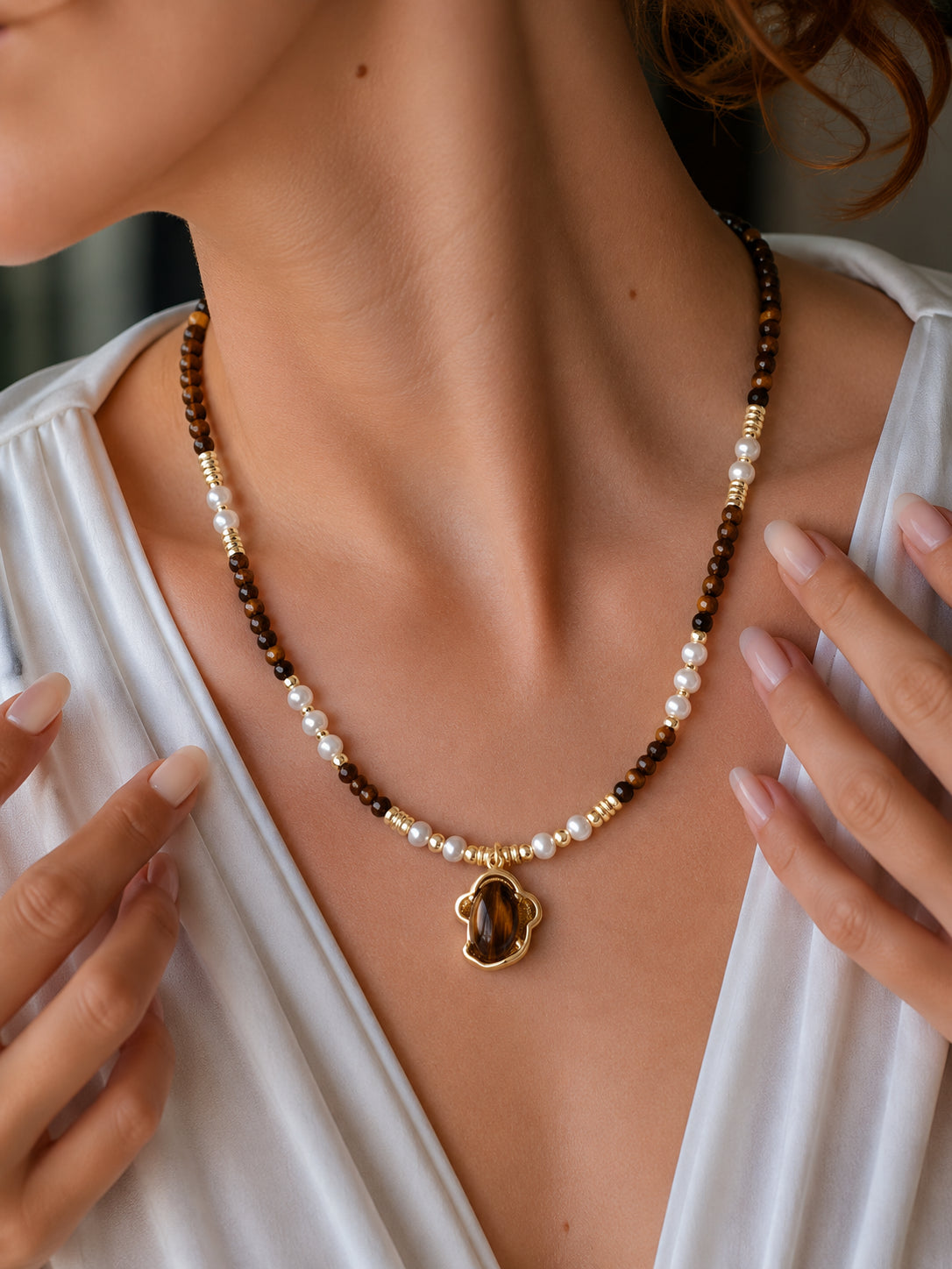 Pearl & Tiger Eyes Necklace