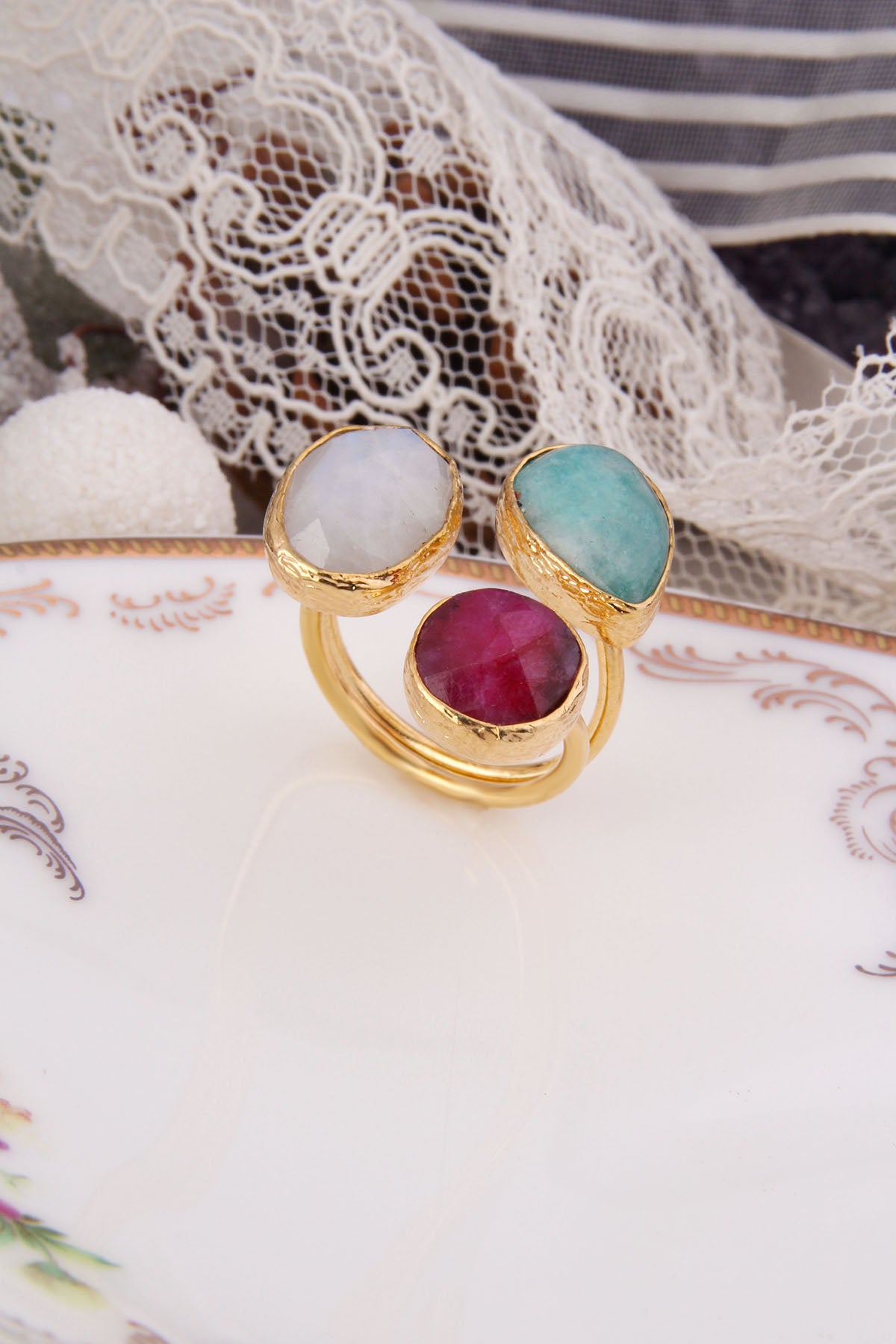 Moon Stone & Agate & Amazonite Ring