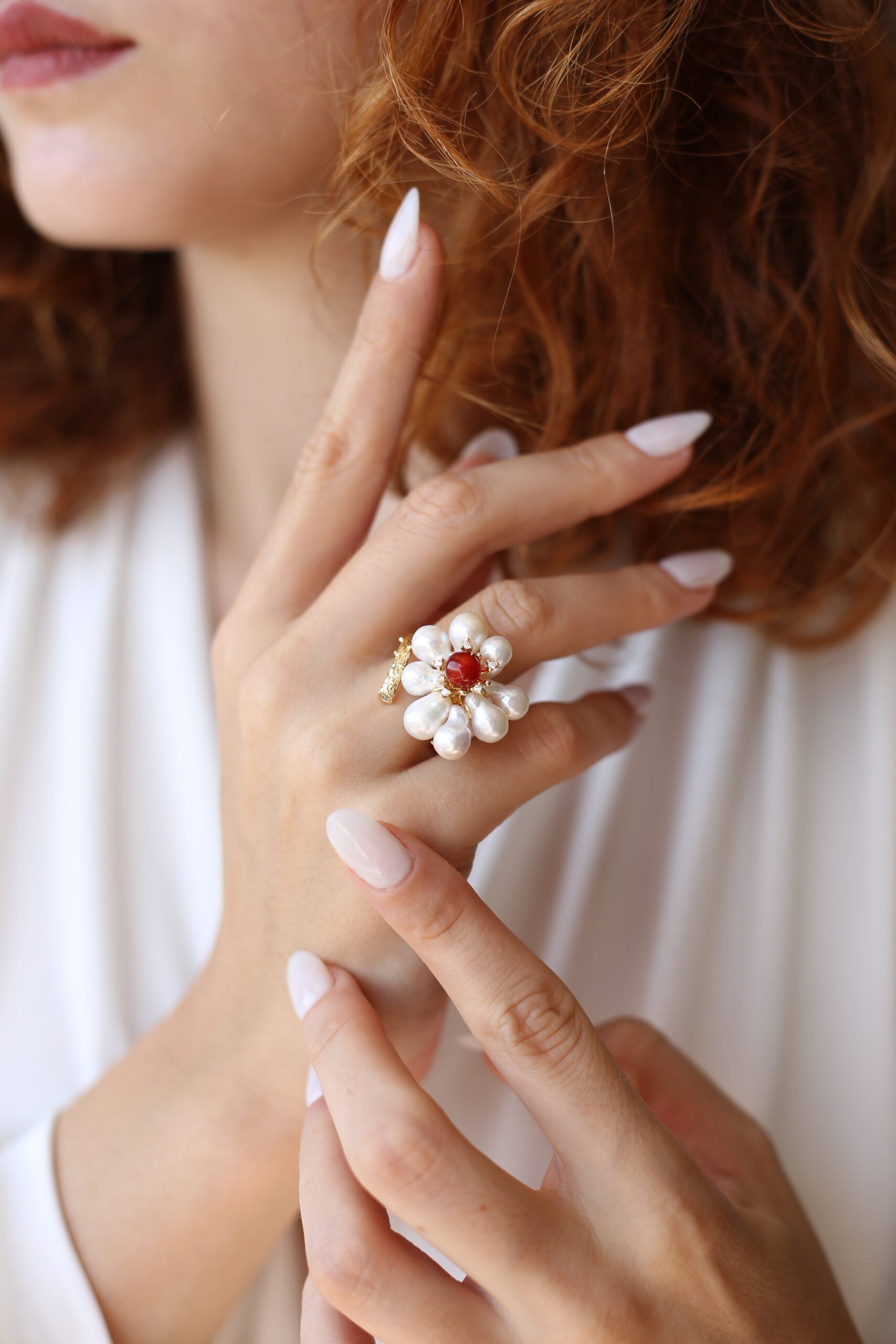 Pearl & Zircon & Coral Ring