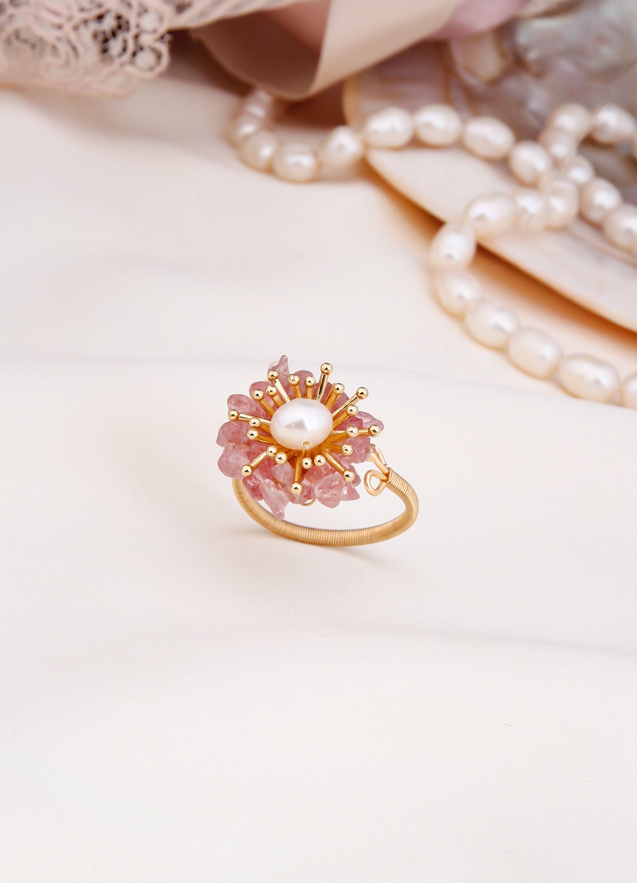 Strawberry Quartz & Pearl Ring