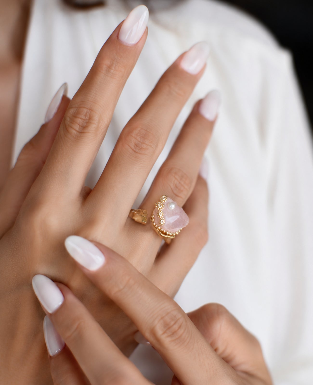 Pearl & Pink Quartz & Zircon Ring