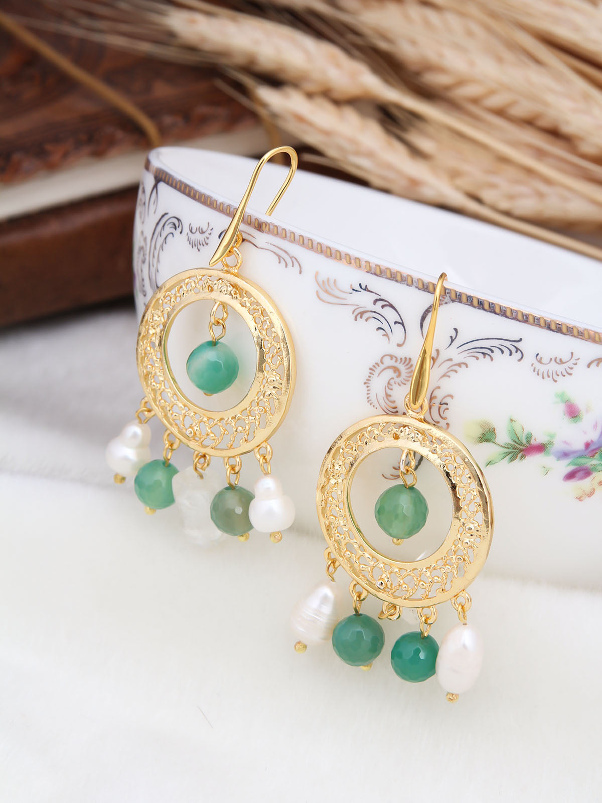 Green Quartz & Pearl Boucle d'oreilles