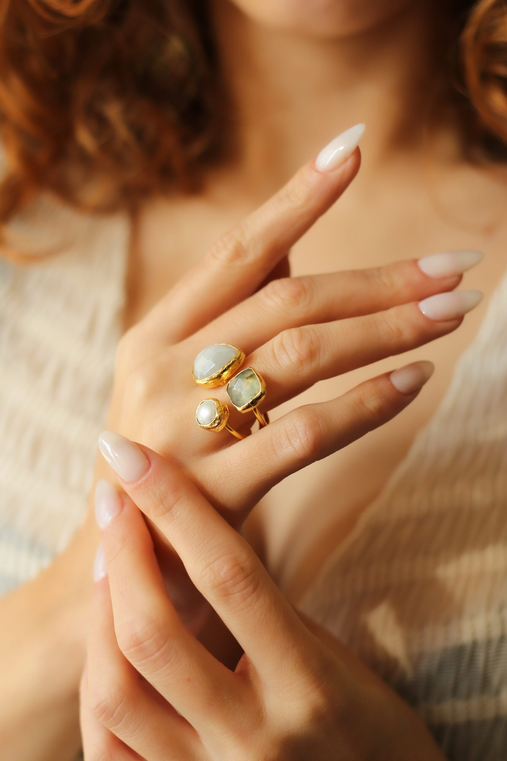 Moonstone & Prinhite & Pearl Bague