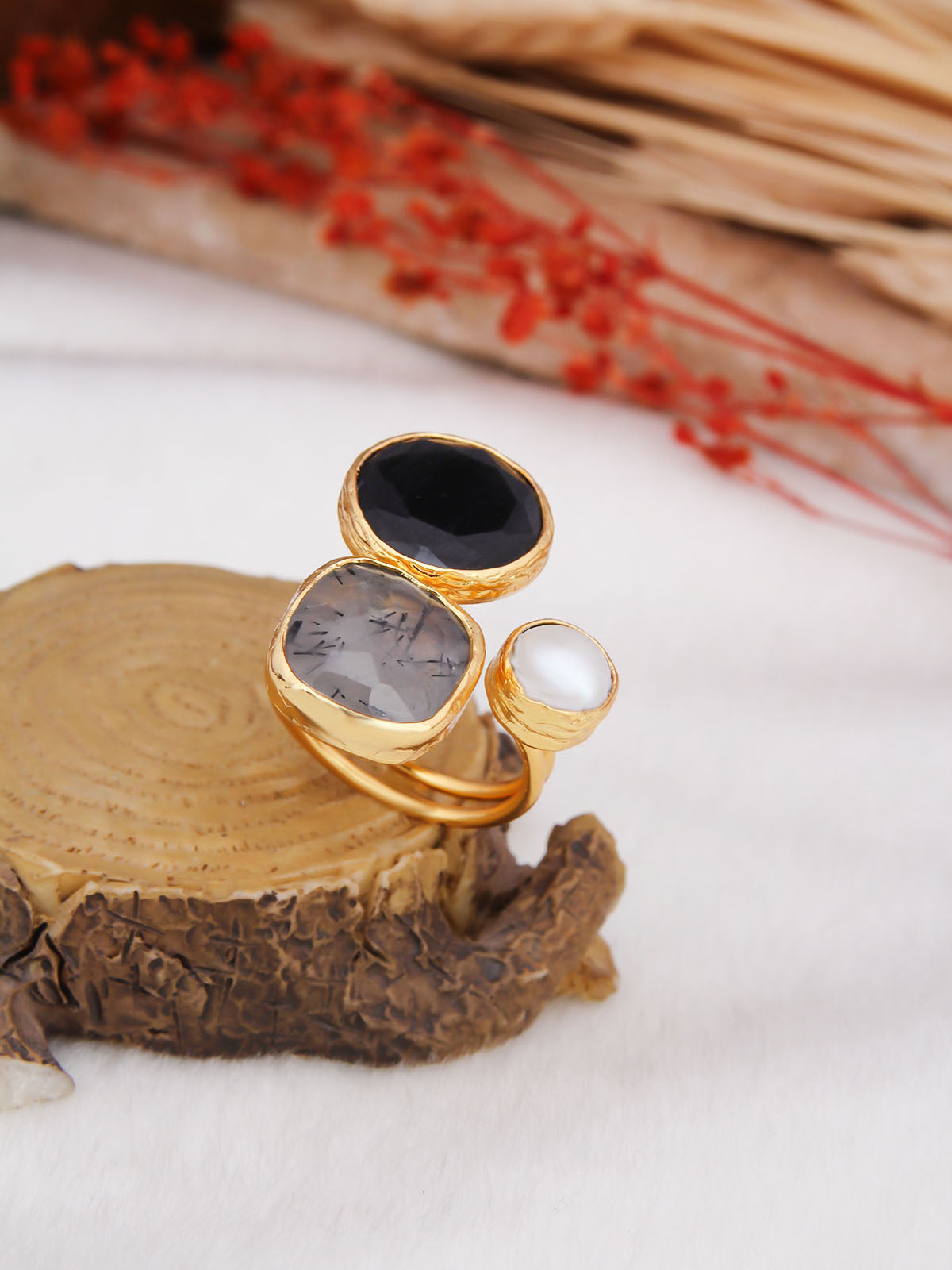 Labradorite & Black Routile & Pearl Bague