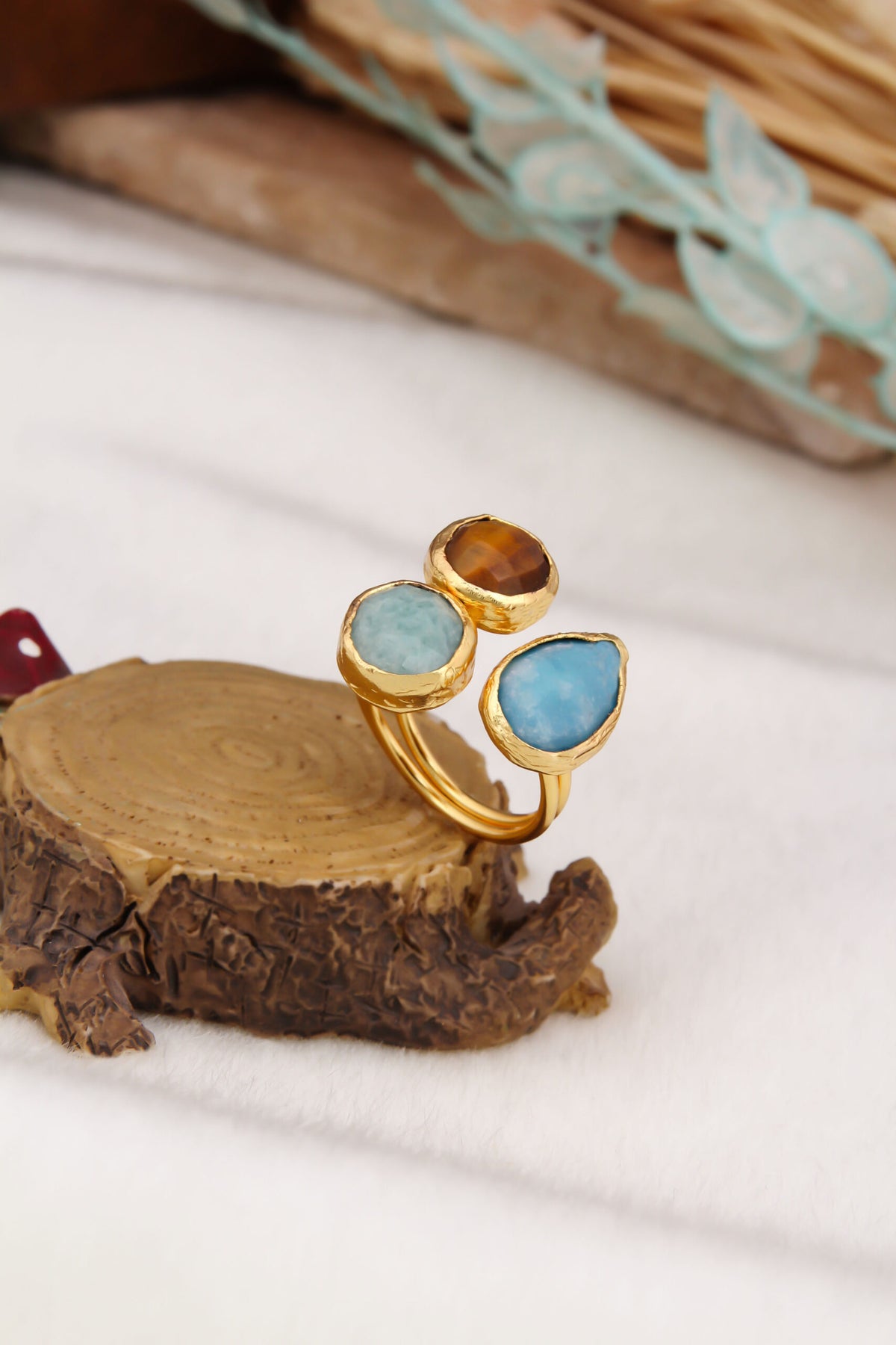 Tiger Eyes & Blue Opal & Moonstone Bague
