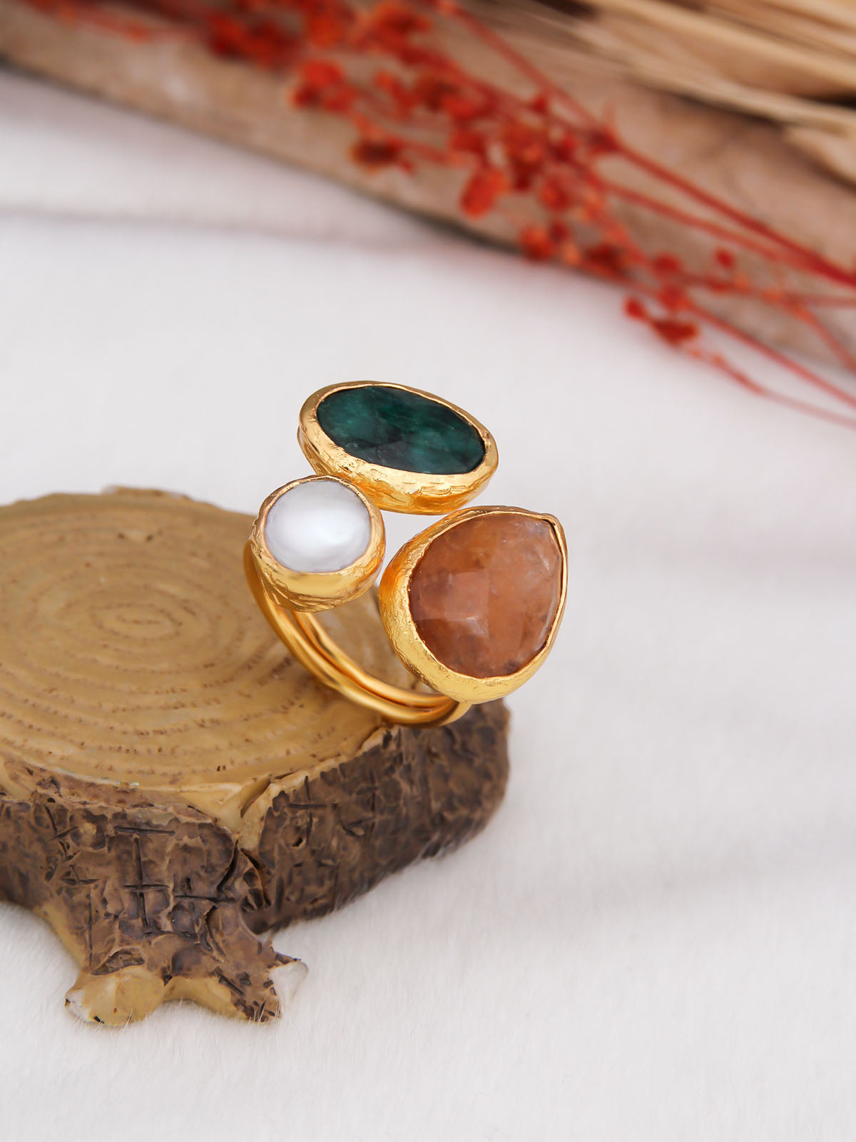 Agate & Sunstone & Pearl Bague