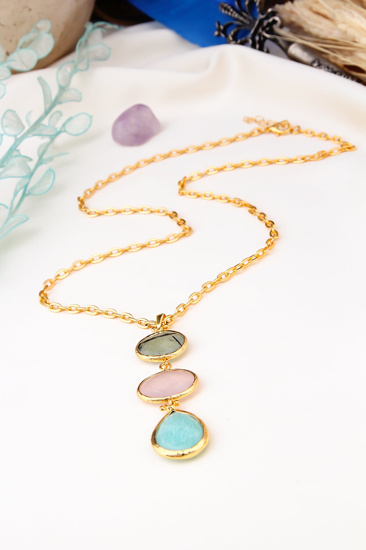 Prehnite & Pink Quartz & Amazonite Necklace