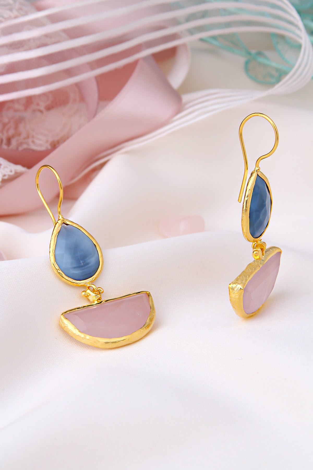 Blue Opal &amp; Pink Quartz Earrings