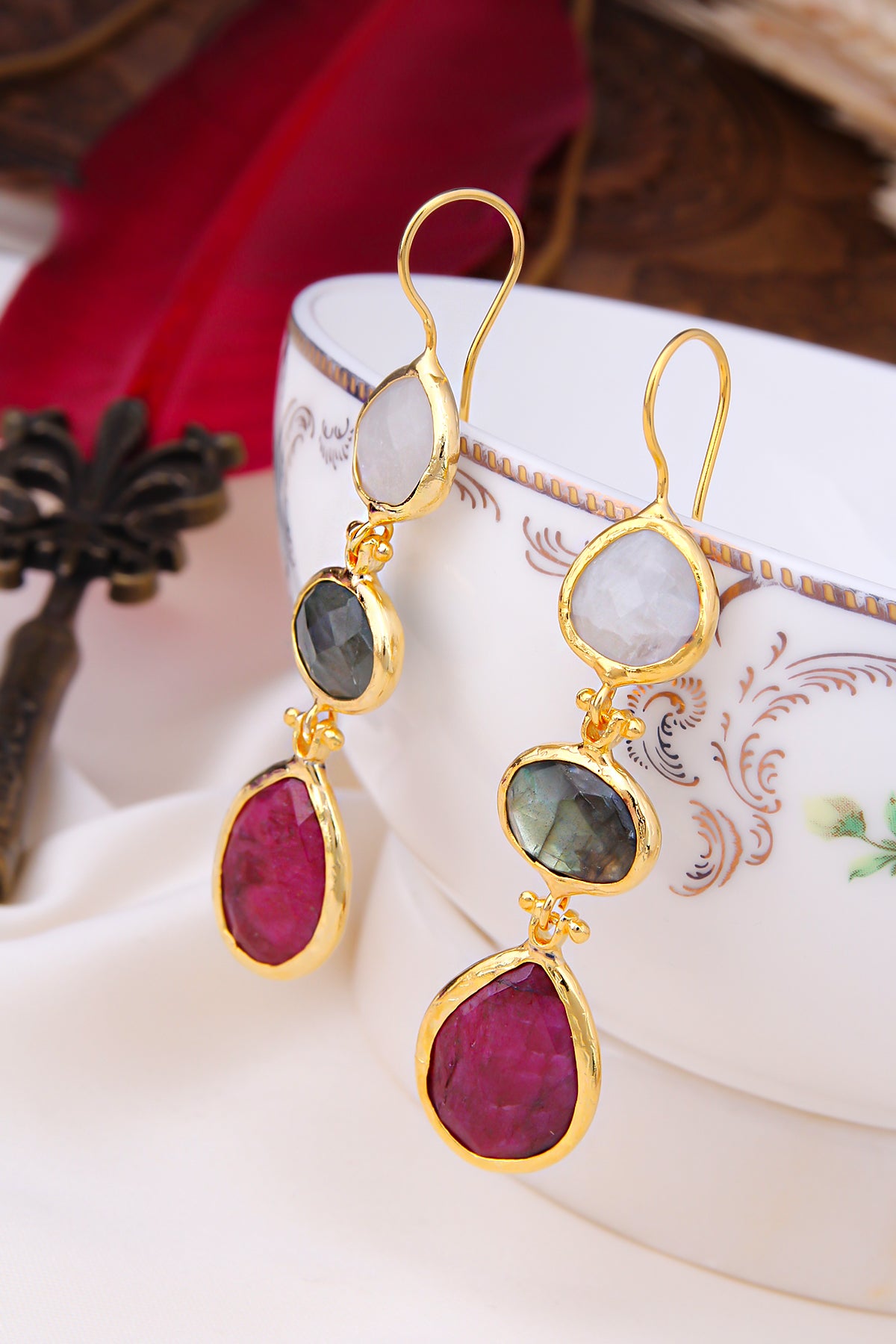 Moon Stone & Labradorite & Agate Boucles d'oreilles