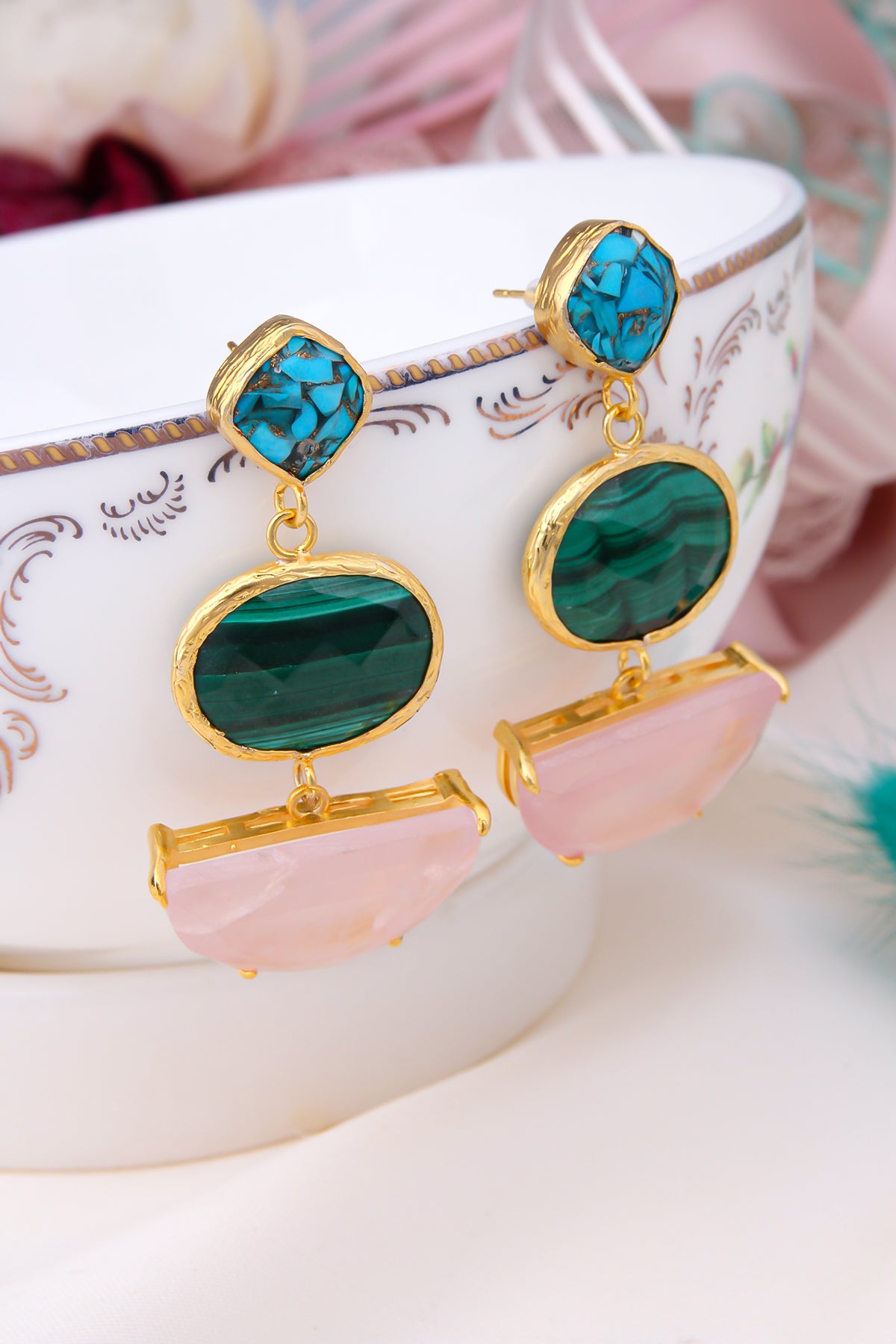 Turquoise & Malahite & Pink Quartz Boucles d'oreilles