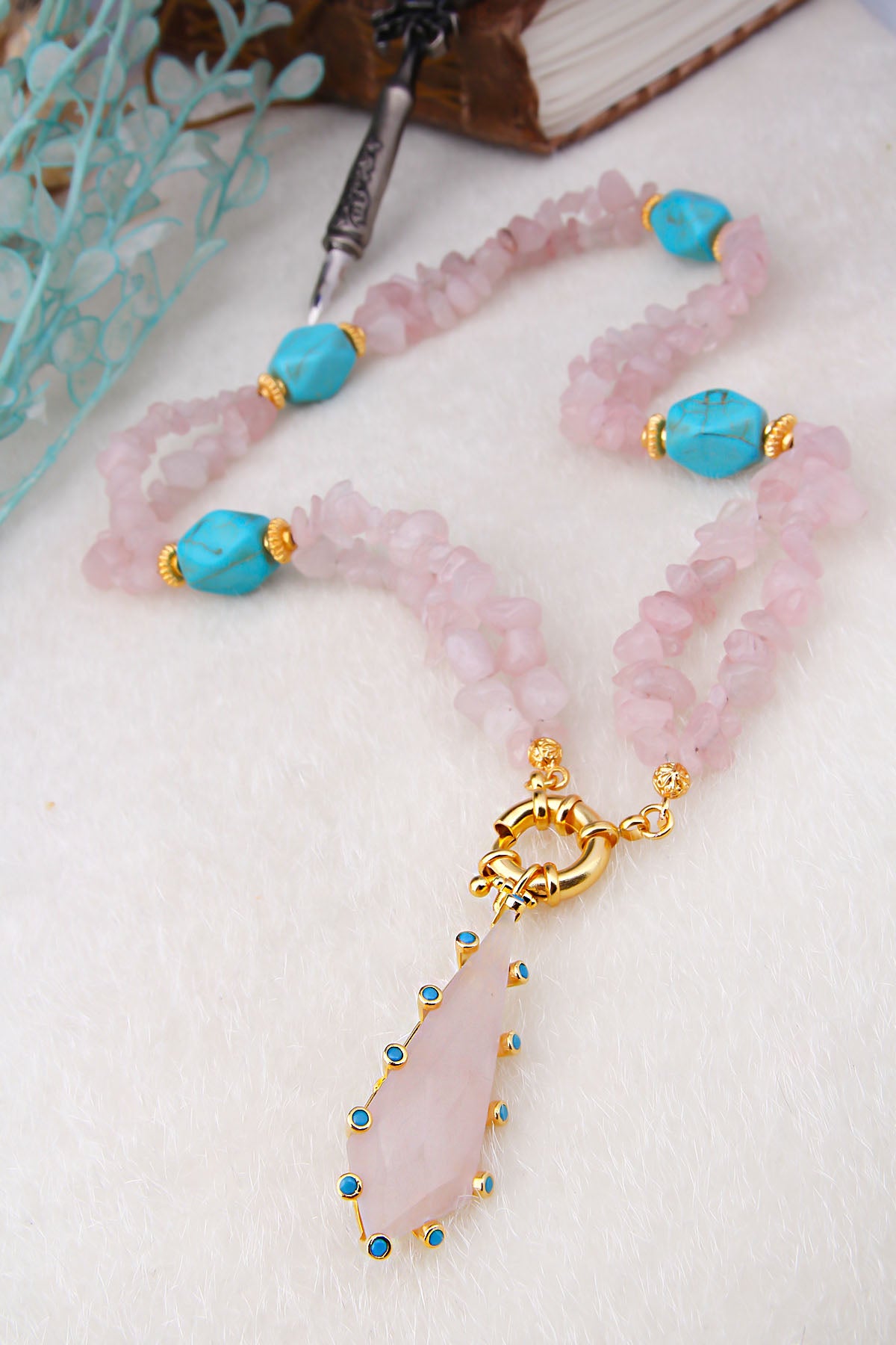 Pink Quartz & Turquoise Collier
