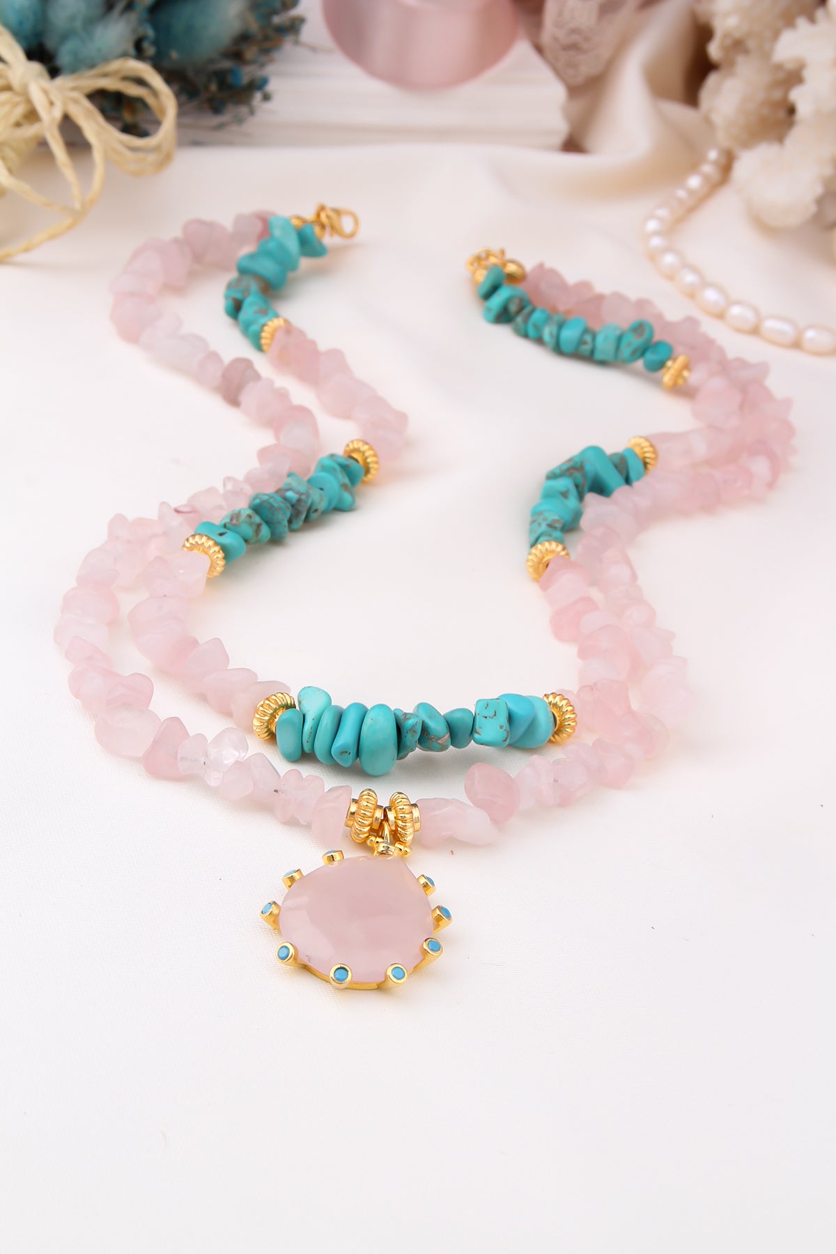 Pink Quartz & Turquoise Collier