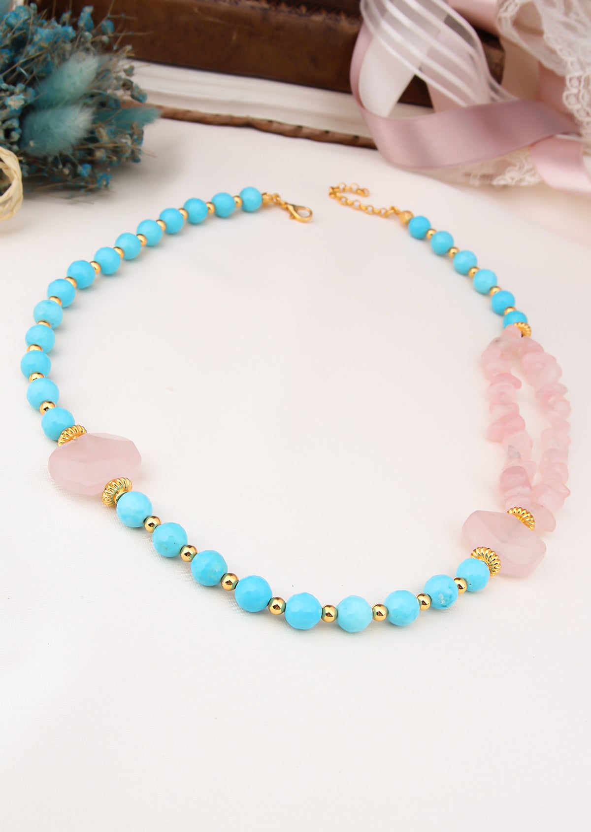 Turquoise & Pink Quartz Collier