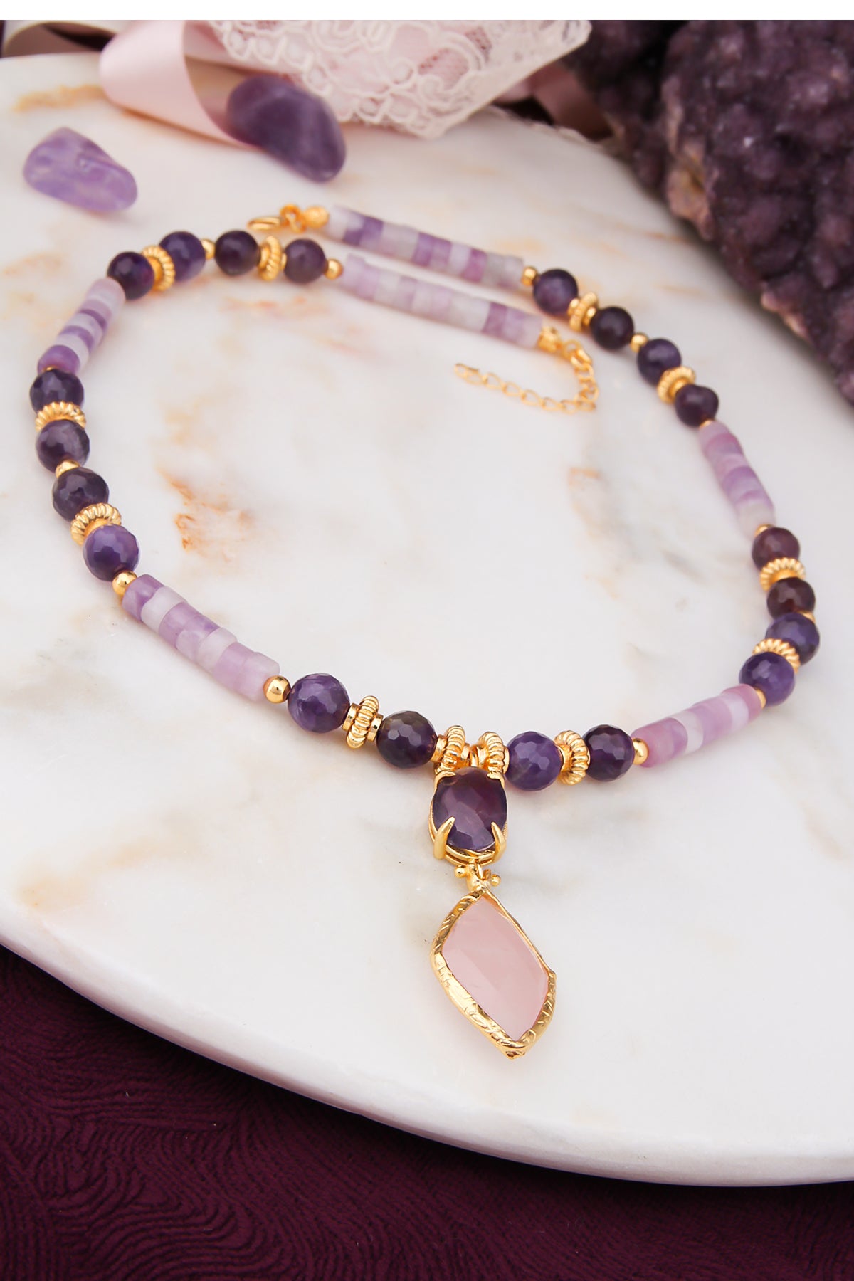 Amethyst &amp; Pink Quartz Necklace