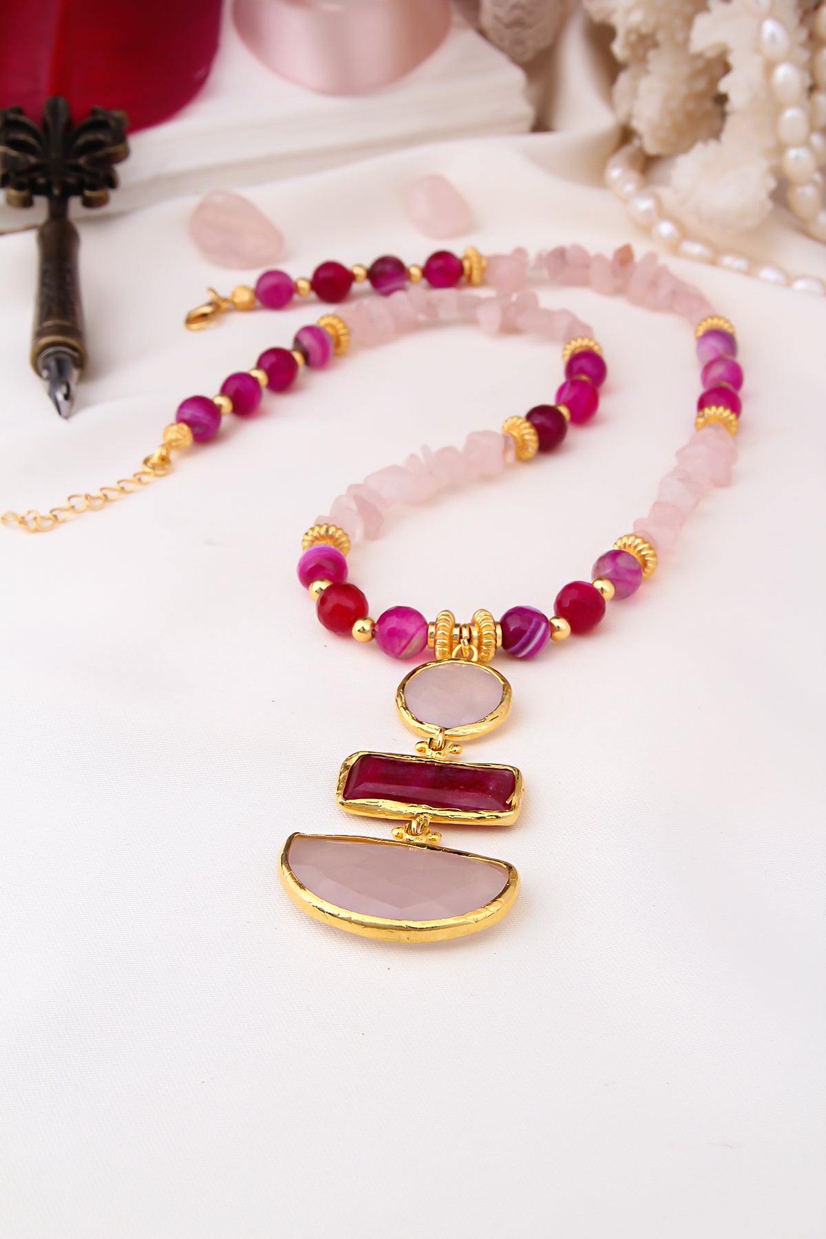 Pink Quartz &amp; Agate Necklace