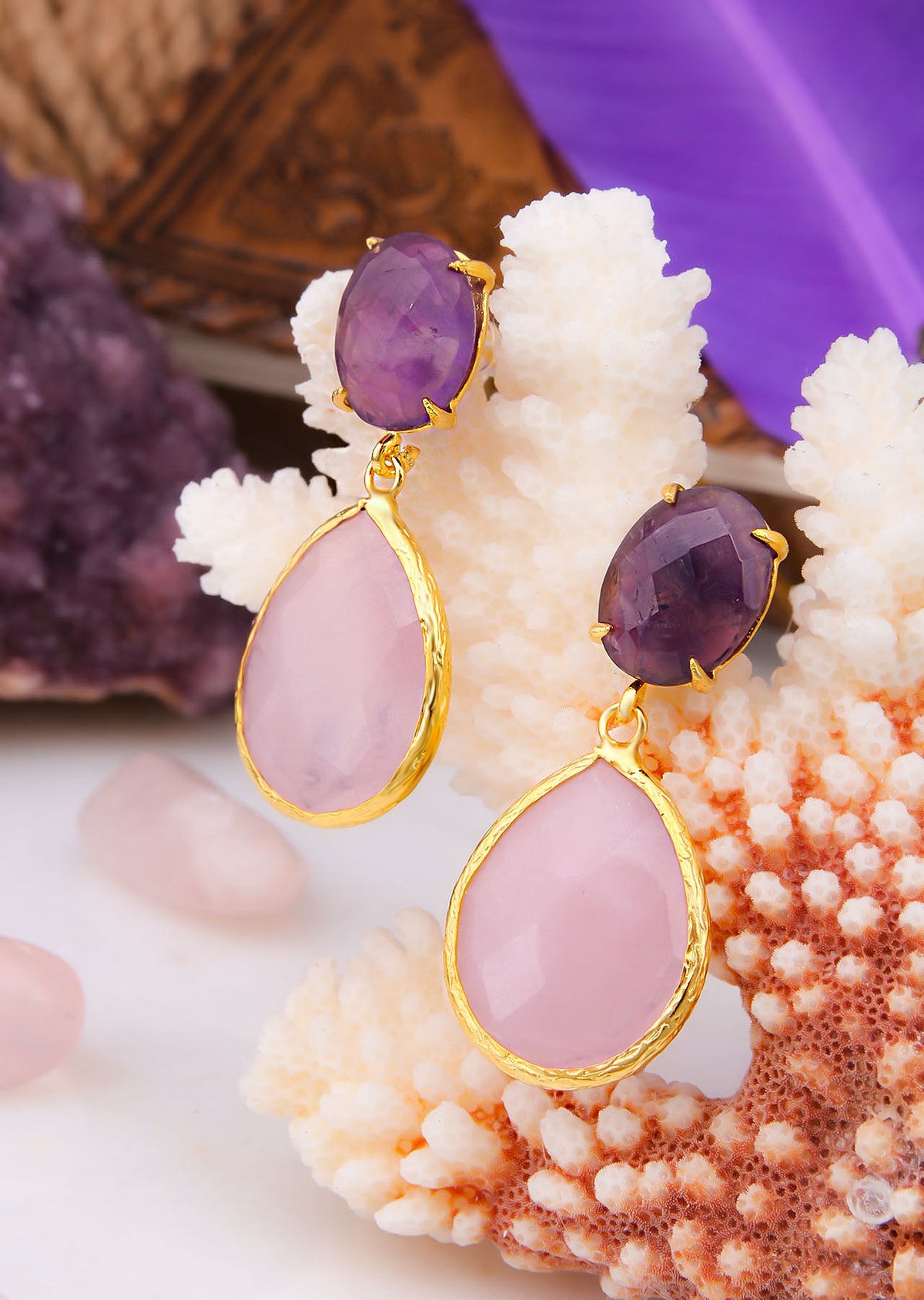 Pink Quartz &amp; Amethyst Earrings