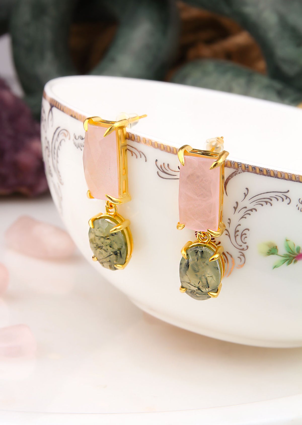 Orecchini in prehnite e quarzo rosa