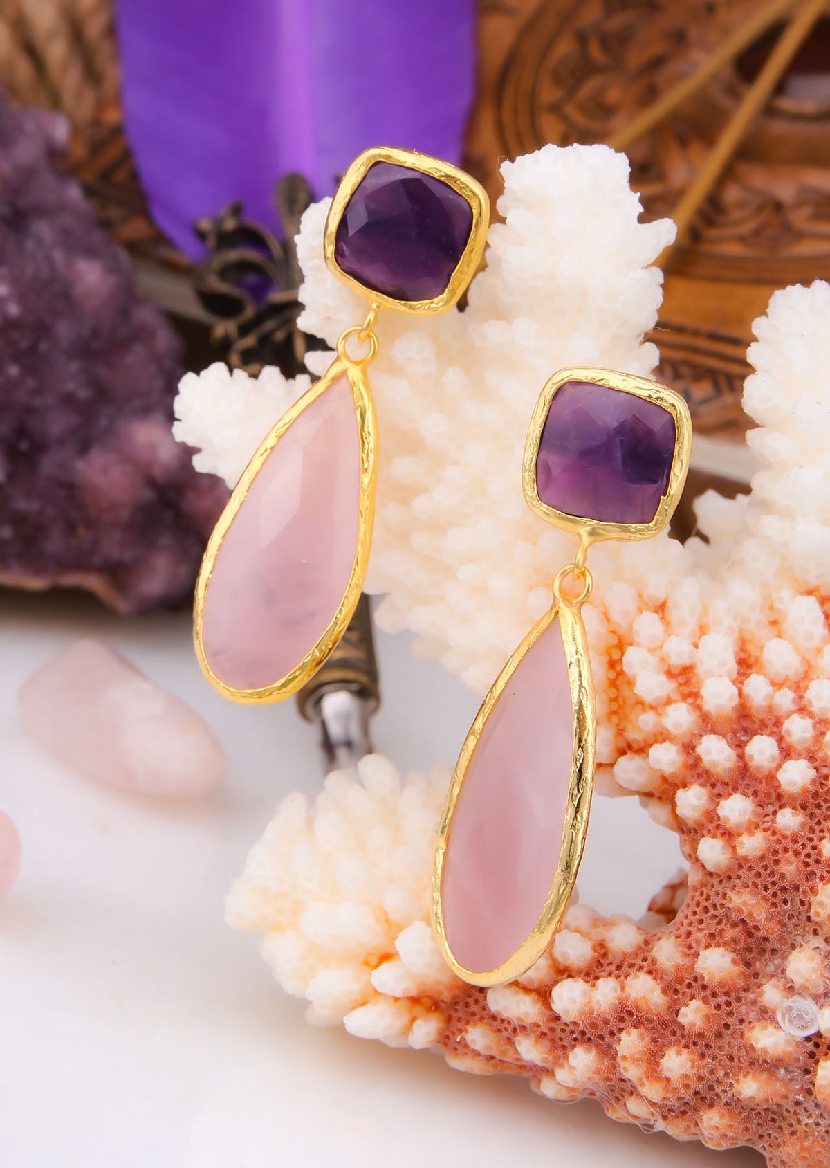 Amethyst &amp; Pink Quartz Earrings