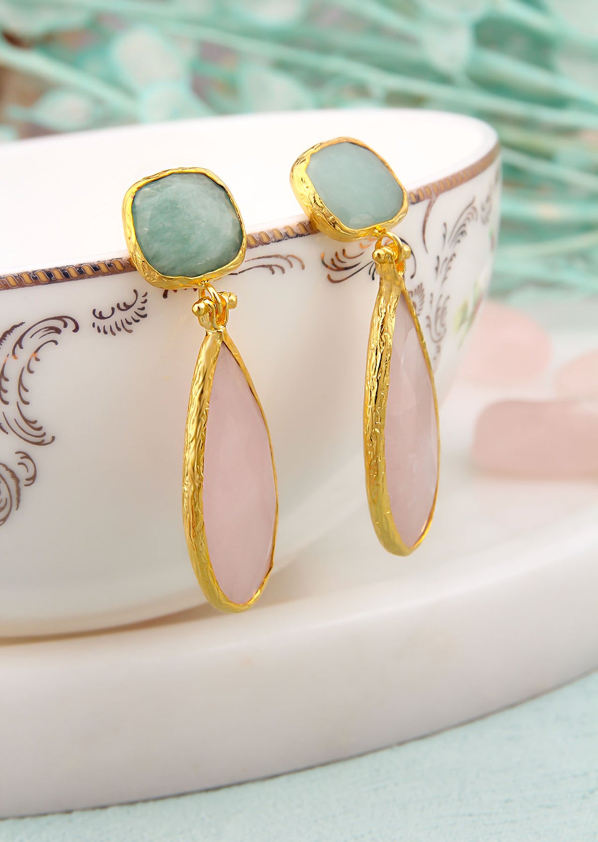 Pink Quartz &amp; Aquamarine Earrings