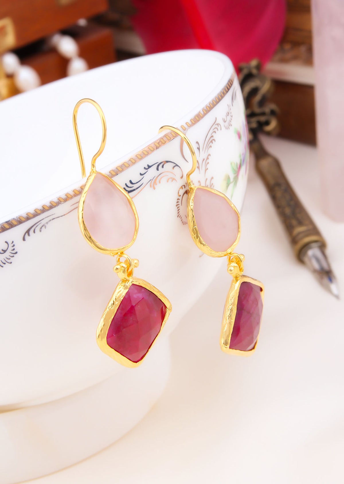 Pink Quartz &amp; Agate Earrings