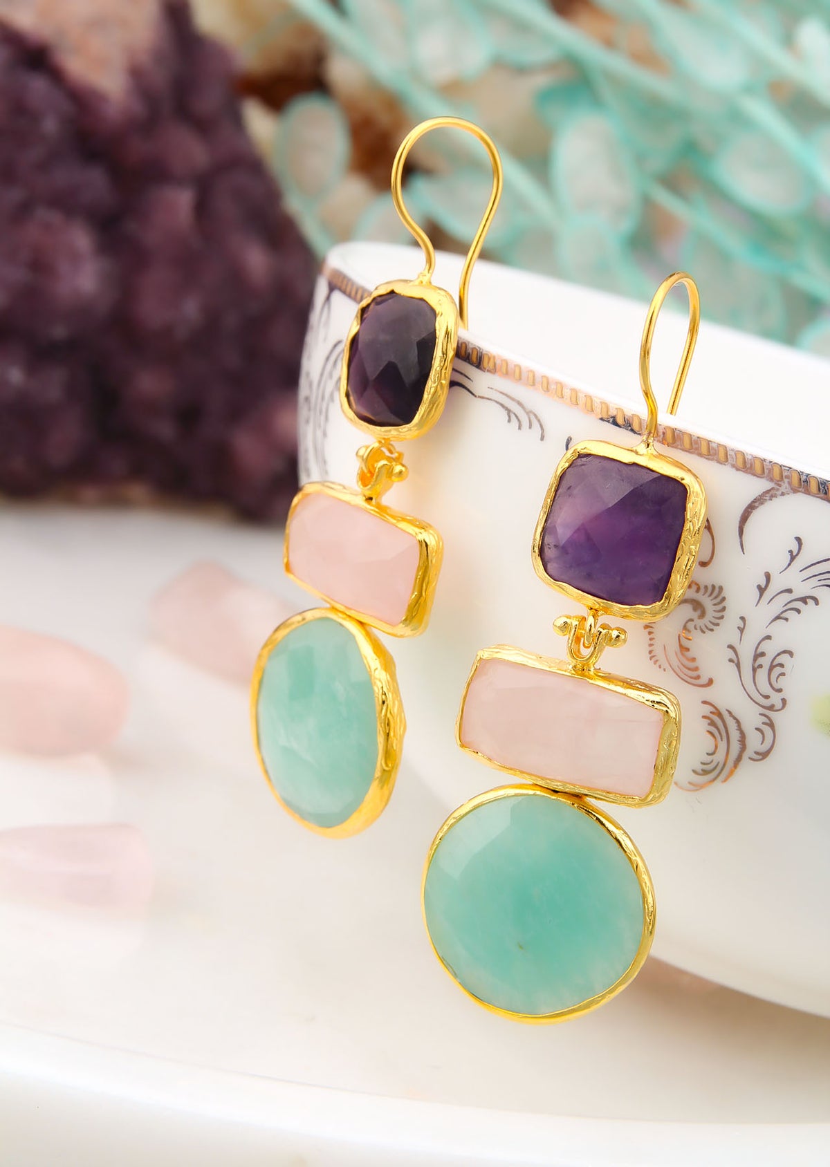 Amethyst &amp; Pink Quartz &amp; Aquamarine Earrings