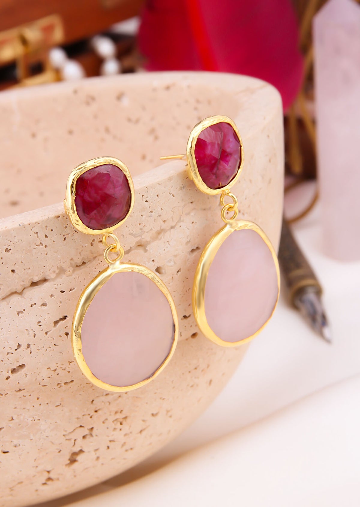 Agate & Pink Quartz Boucles d'oreilles