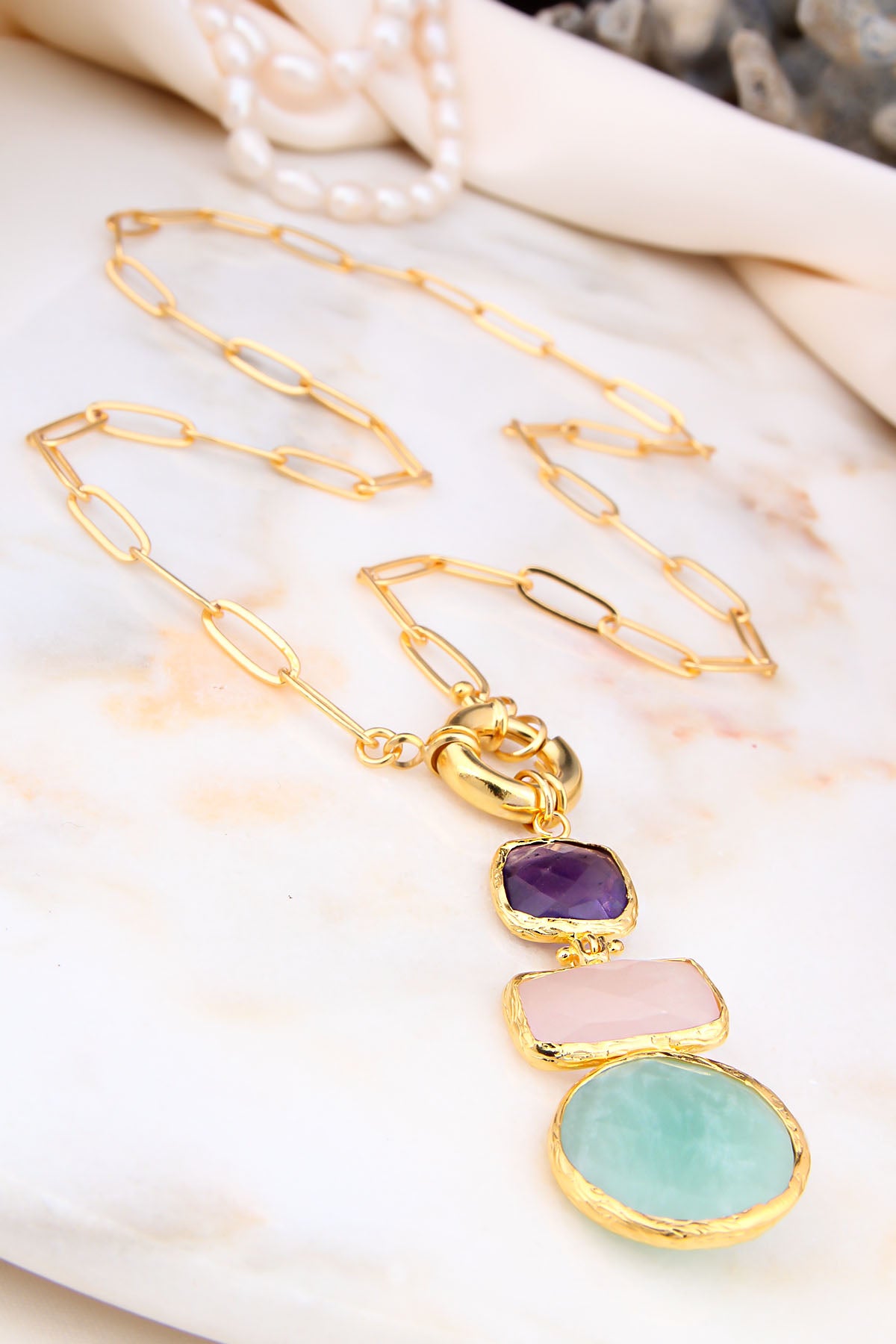 Collana con Ametista, Quarzo rosa e Amazzonite
