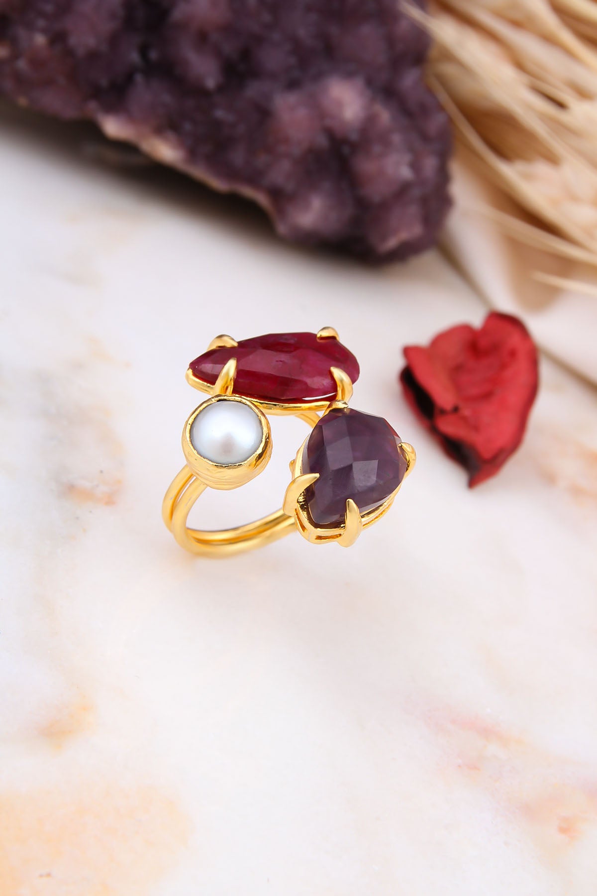 Amethyst & Pearl & Agate Bague