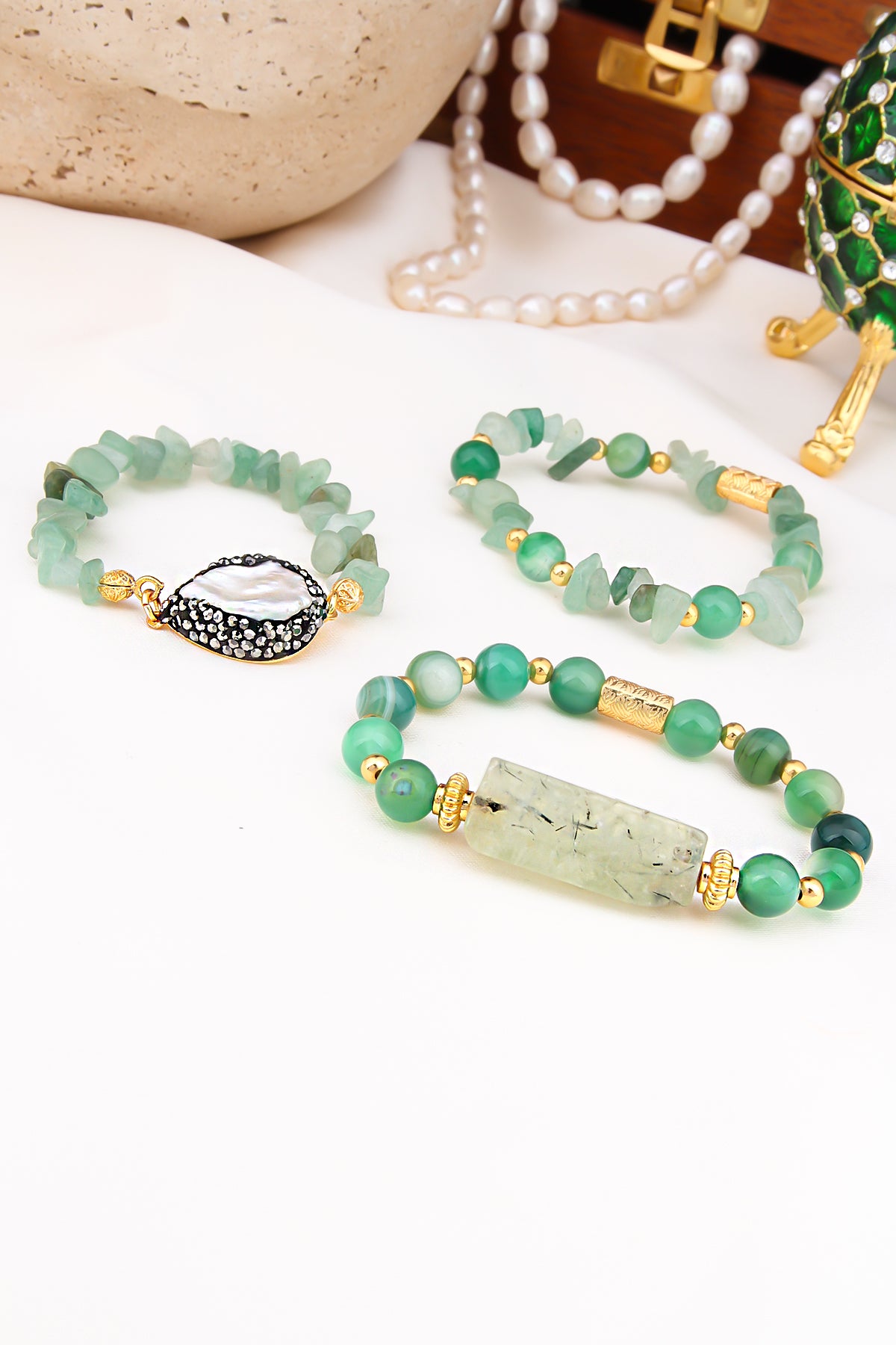 Bracciale in giada, prehnite e perle