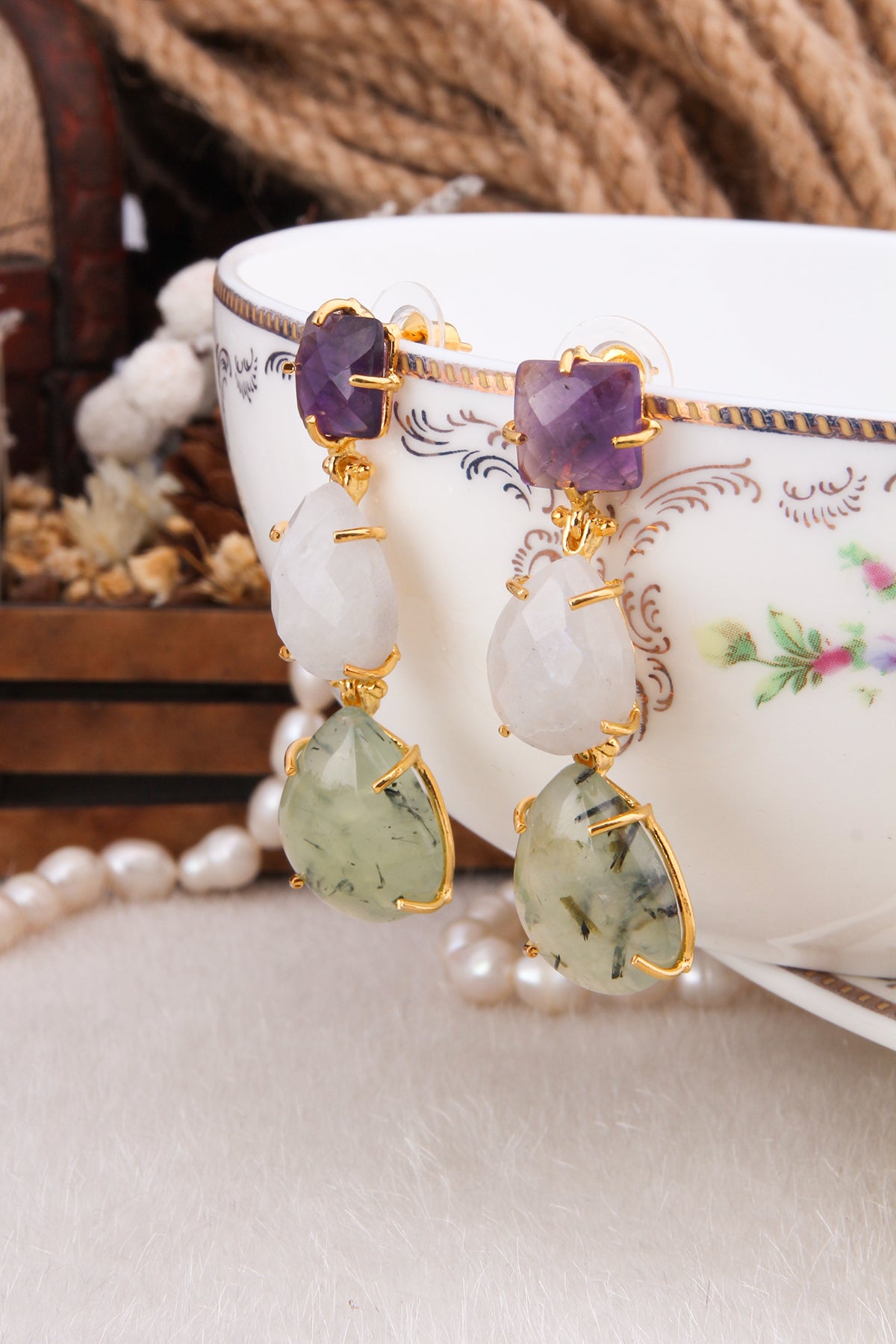 Moonstone &amp; Prehnite &amp; Amethyst Earring