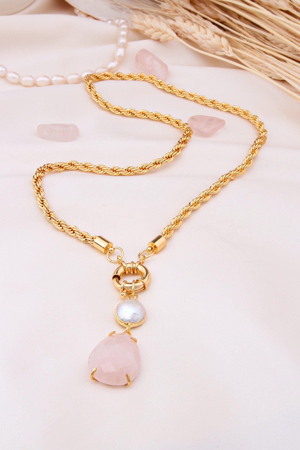 Collana Di Quarzo Rosa E Perle
