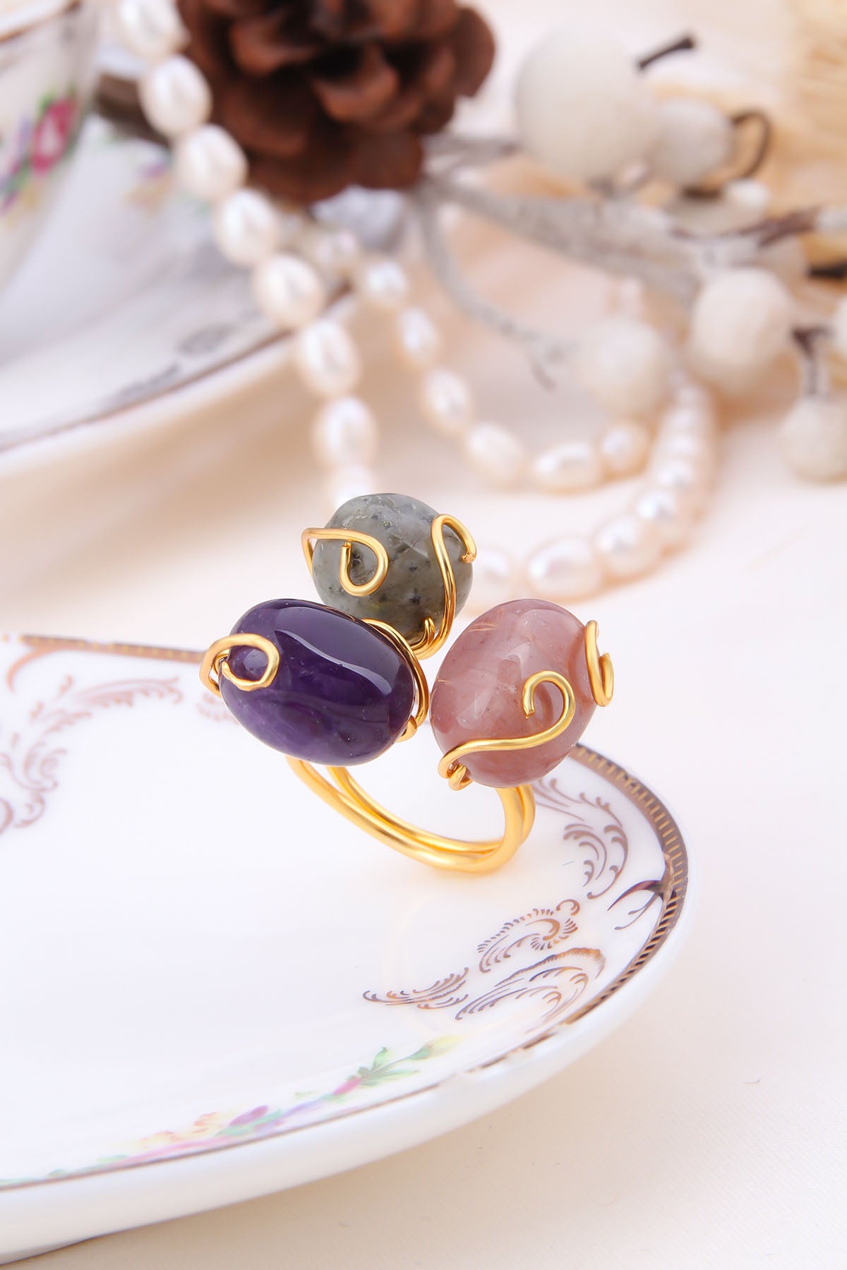 Amethyst & Sun Stone & Labradorite Ring